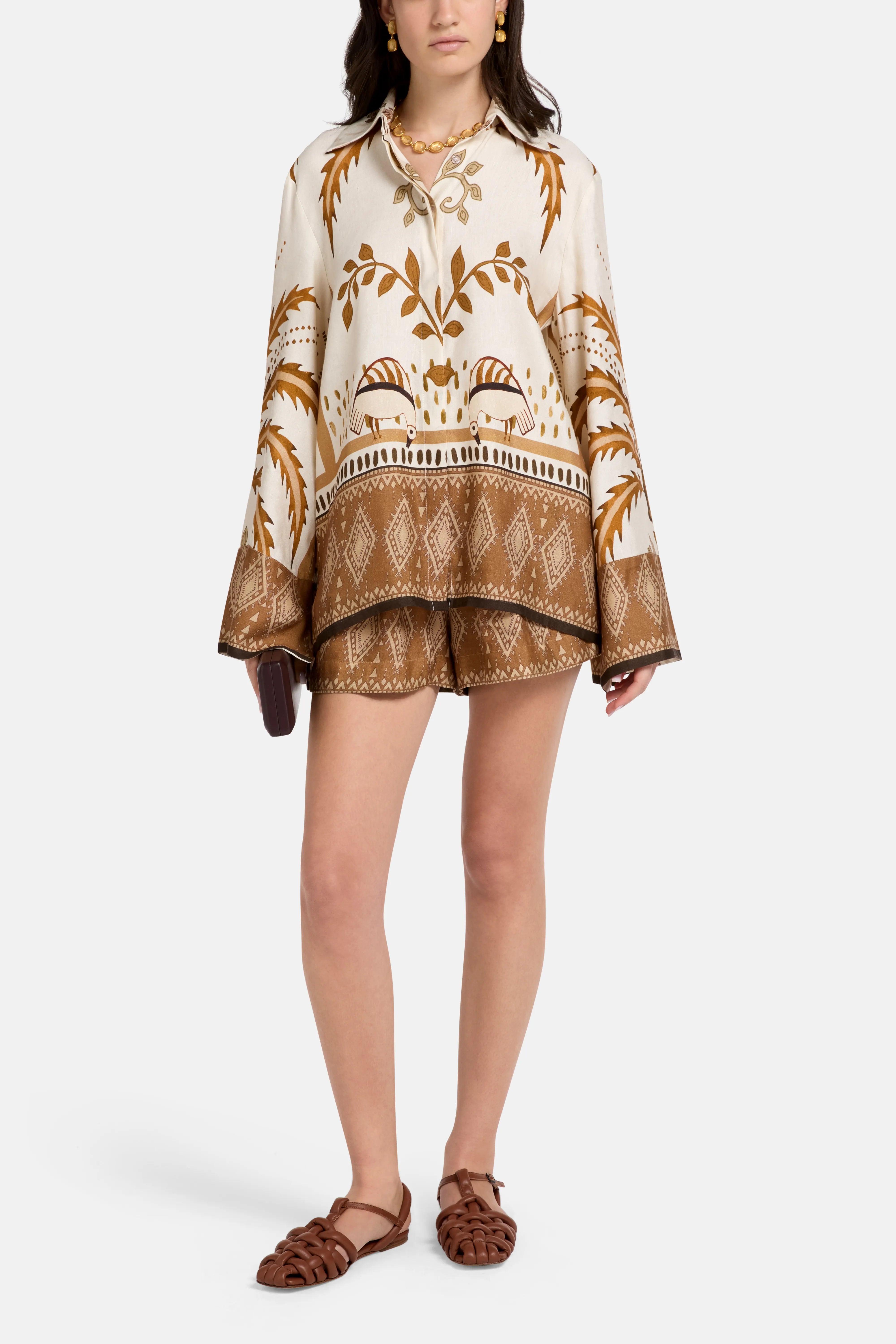 Bela Fonte Print Linen Satin Blouse and Shorts Set in Beige