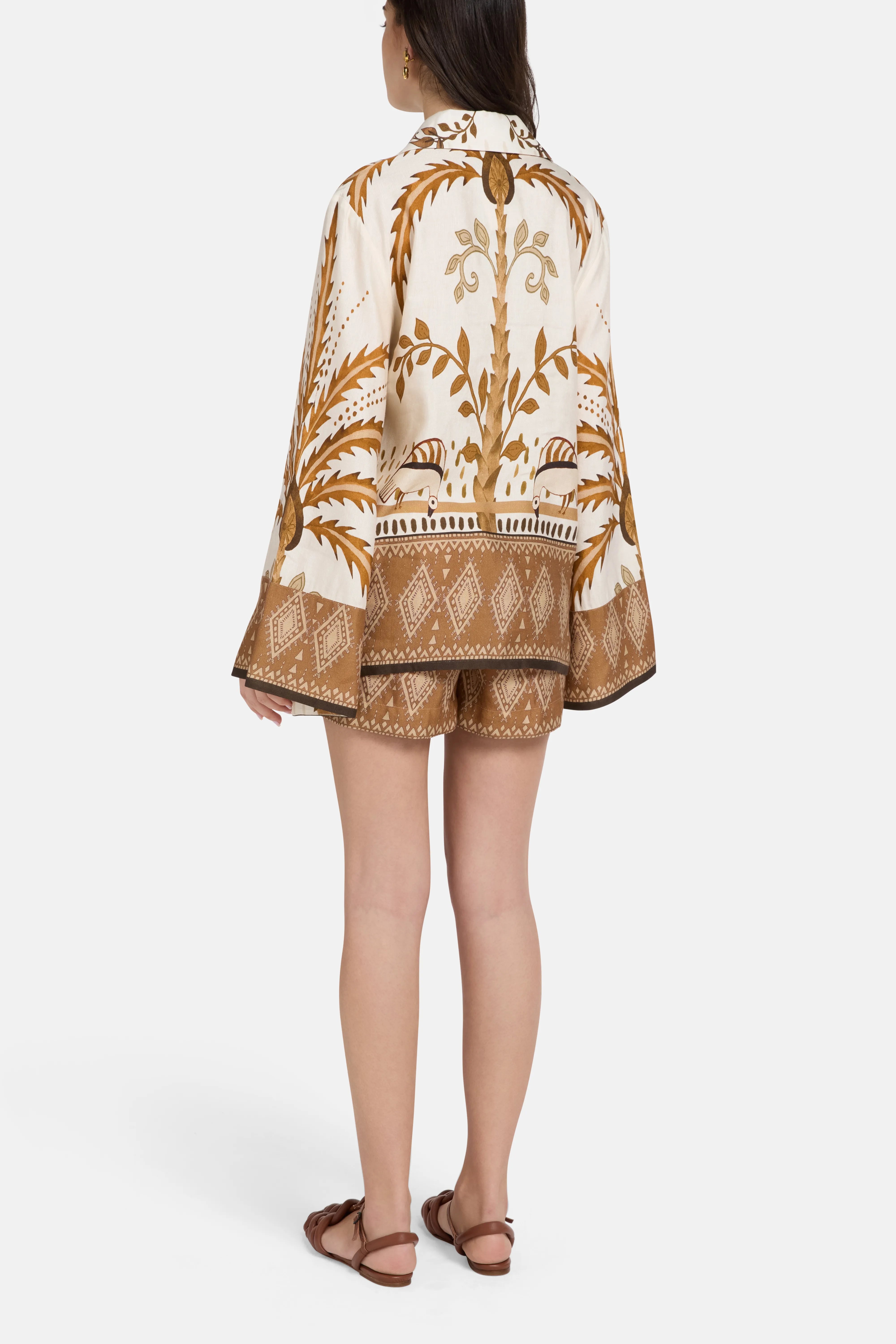 Bela Fonte Print Linen Satin Blouse and Shorts Set in Beige