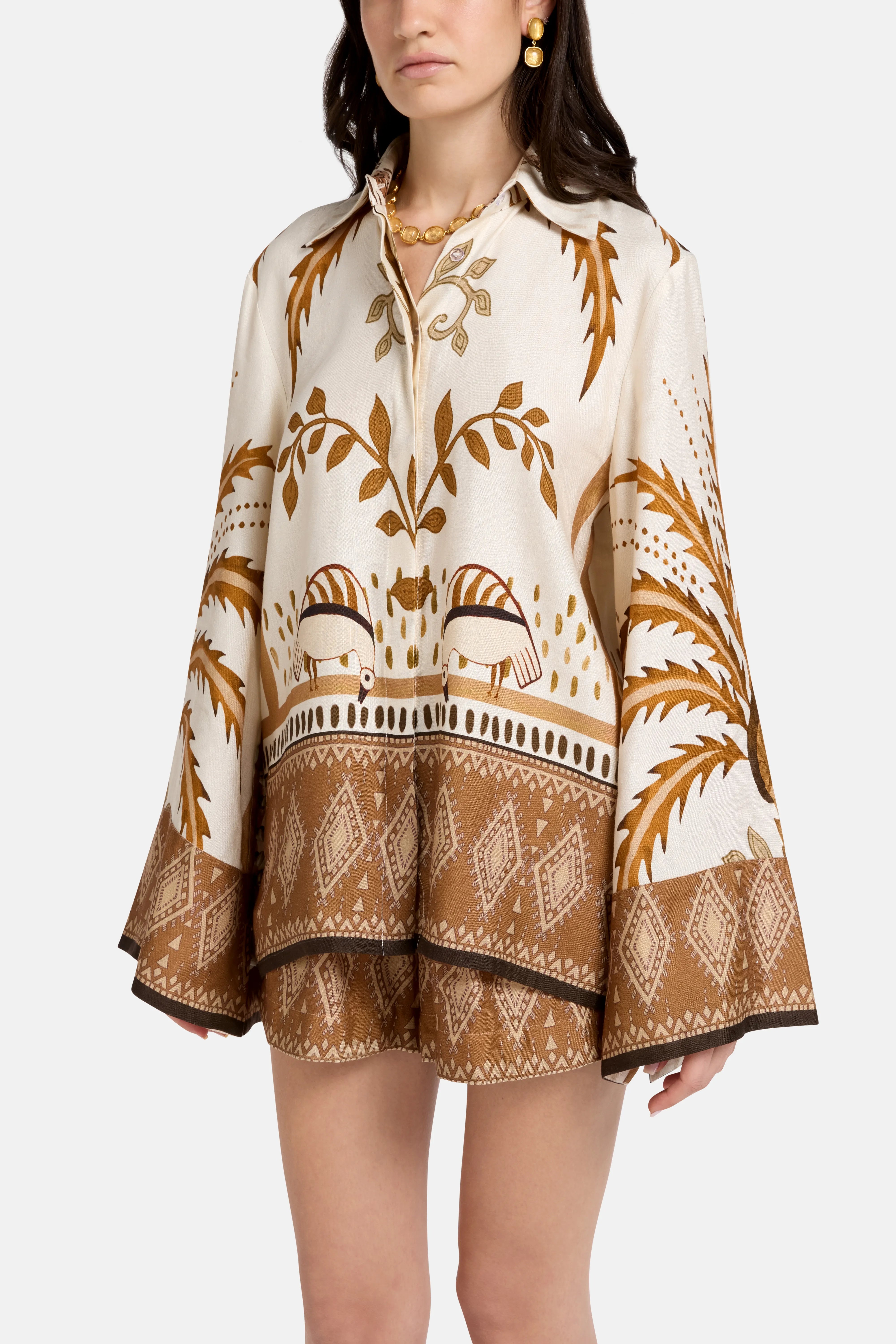 Bela Fonte Print Linen Satin Blouse and Shorts Set in Beige