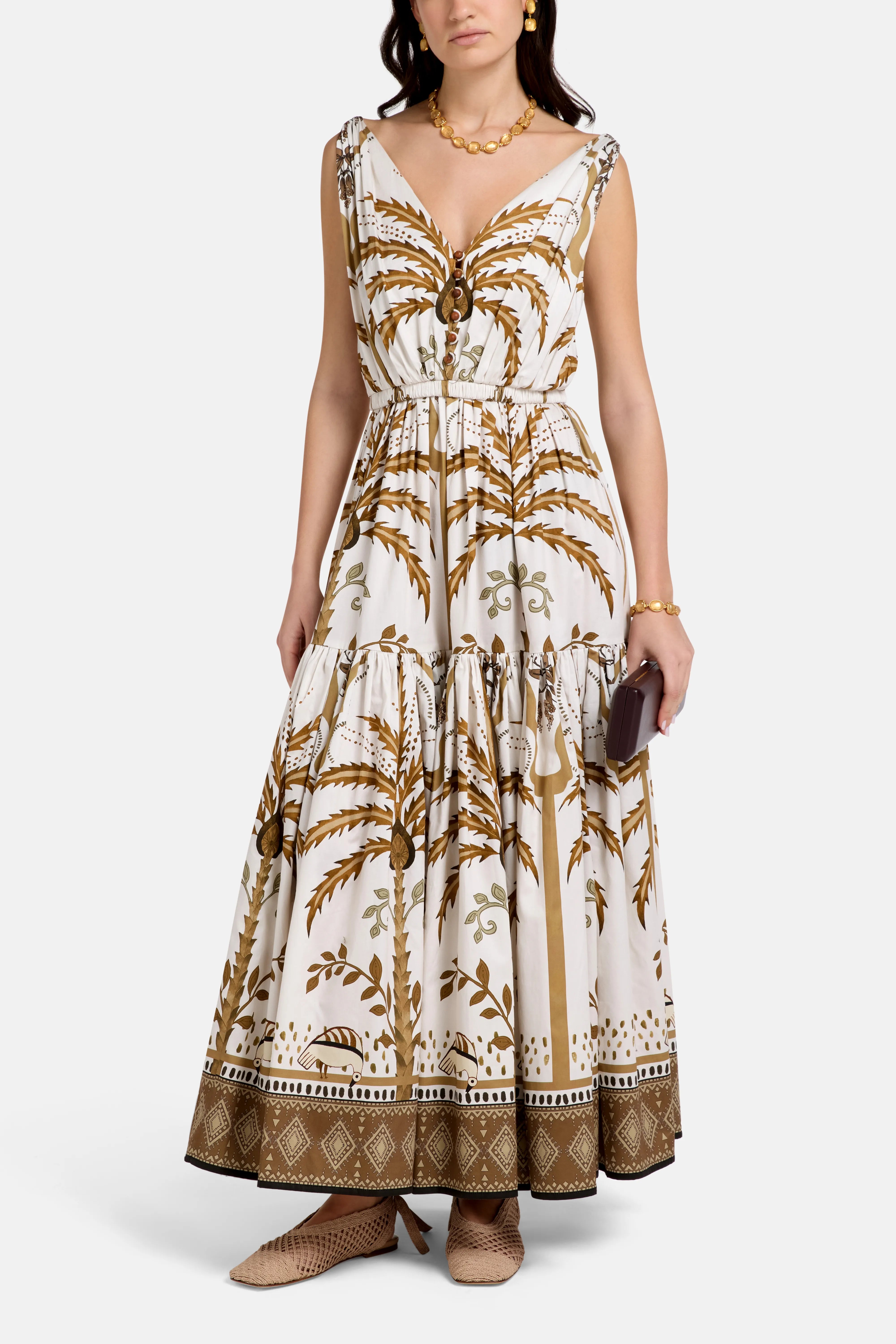 Greta Sleeveless Flared Cotton Midi Dress in Beige