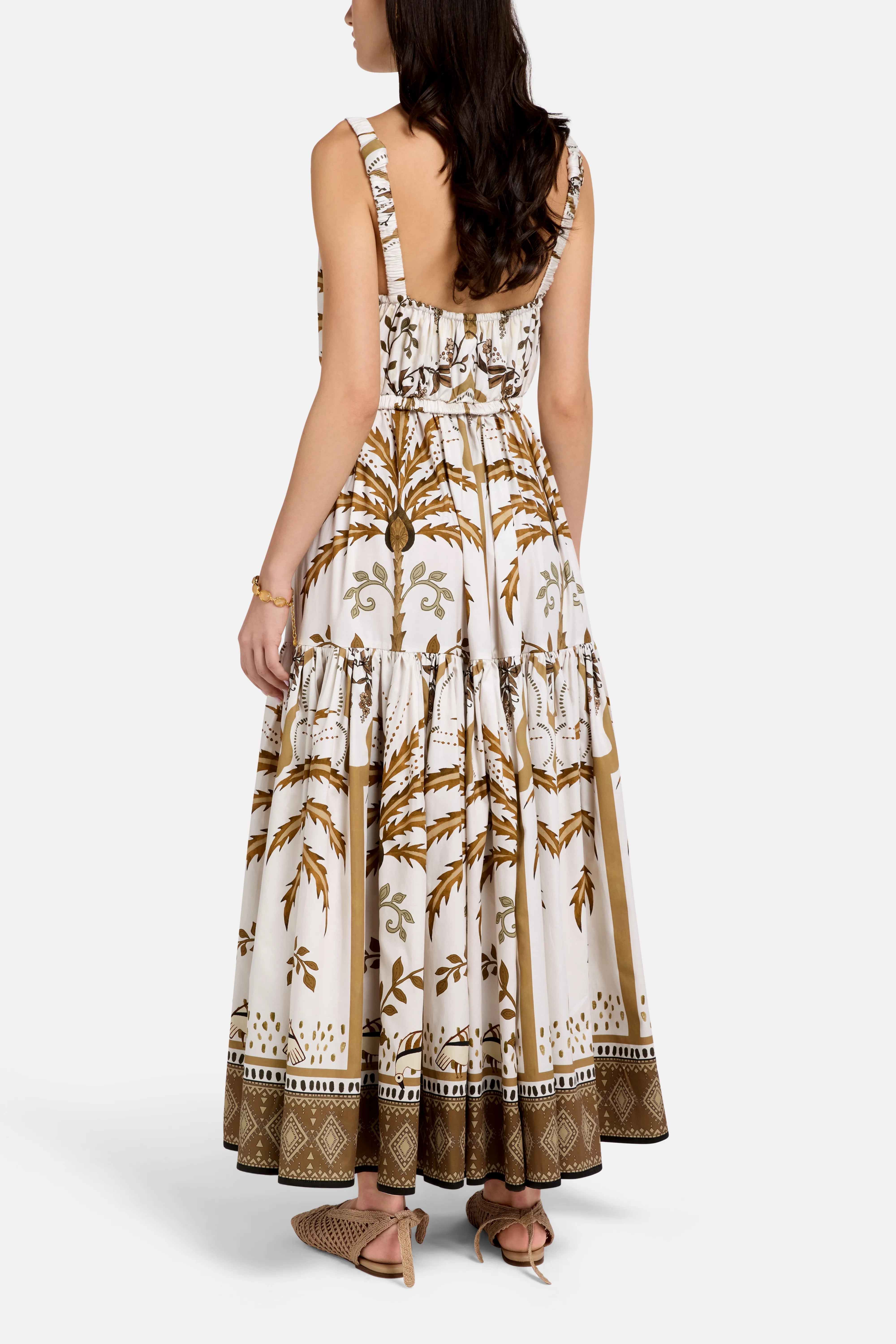 Greta Sleeveless Flared Cotton Midi Dress in Beige
