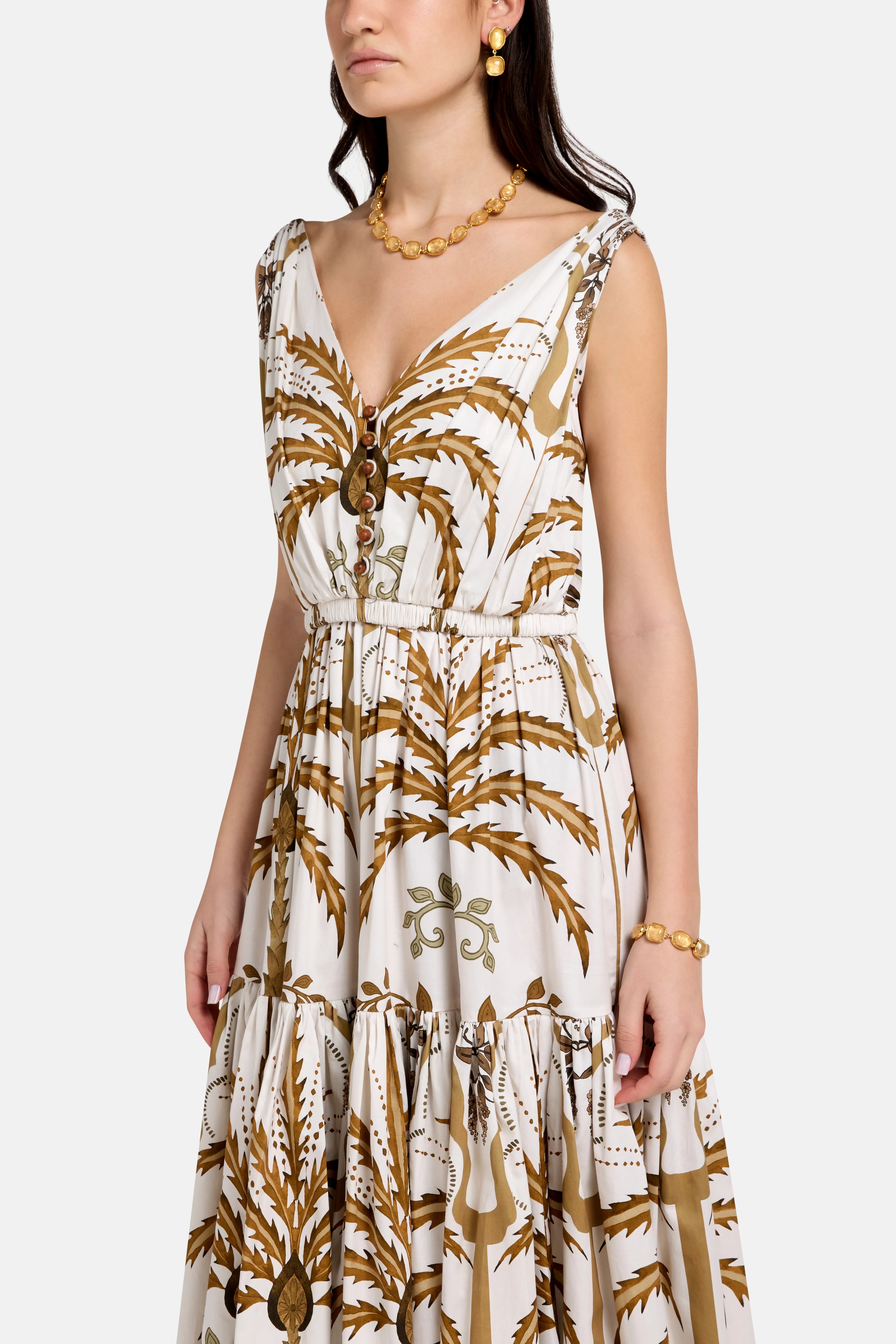 Greta Sleeveless Flared Cotton Midi Dress in Beige
