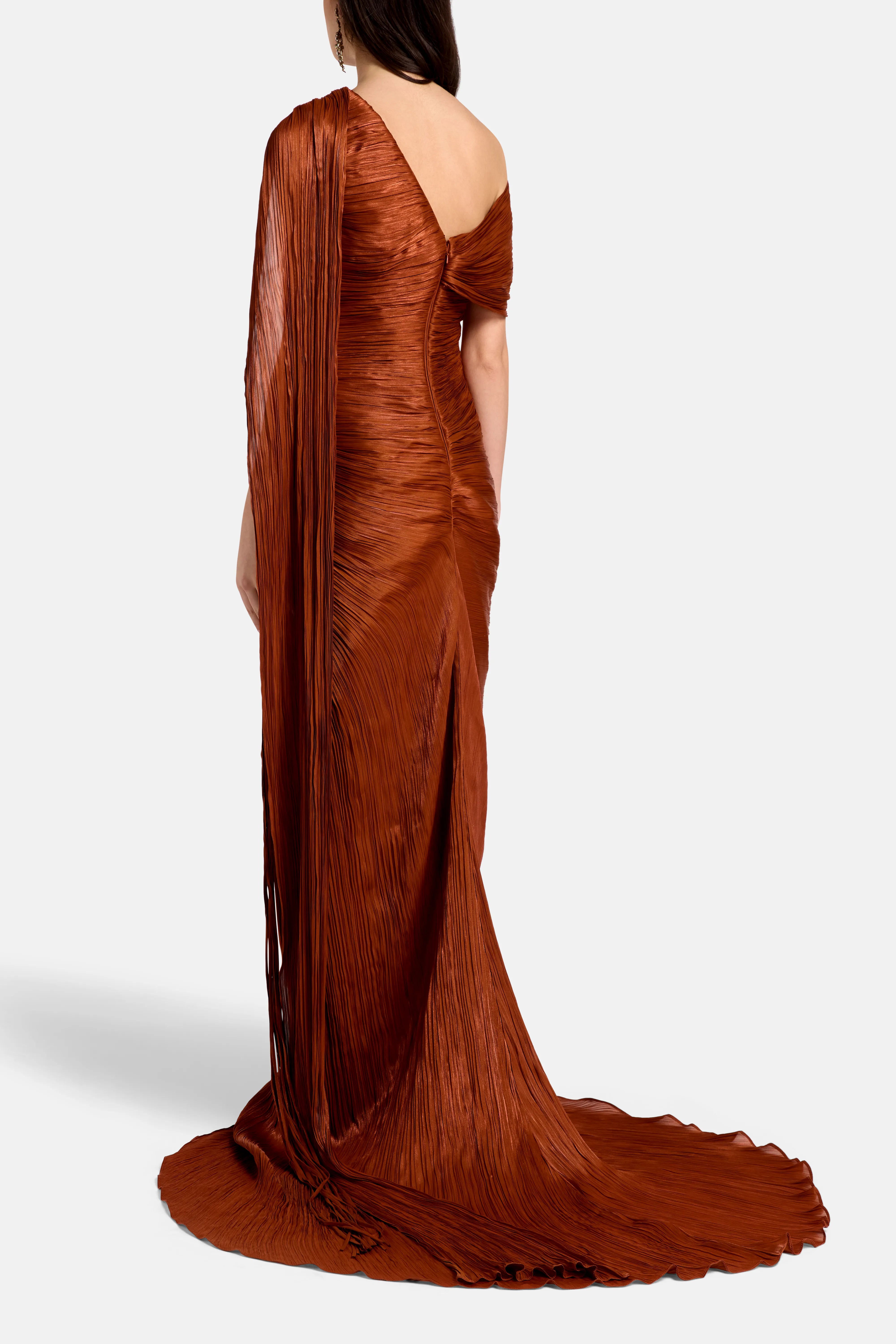 Asymmetrical Pleated Silk One Shoulder Cape Evening Gown in Orange