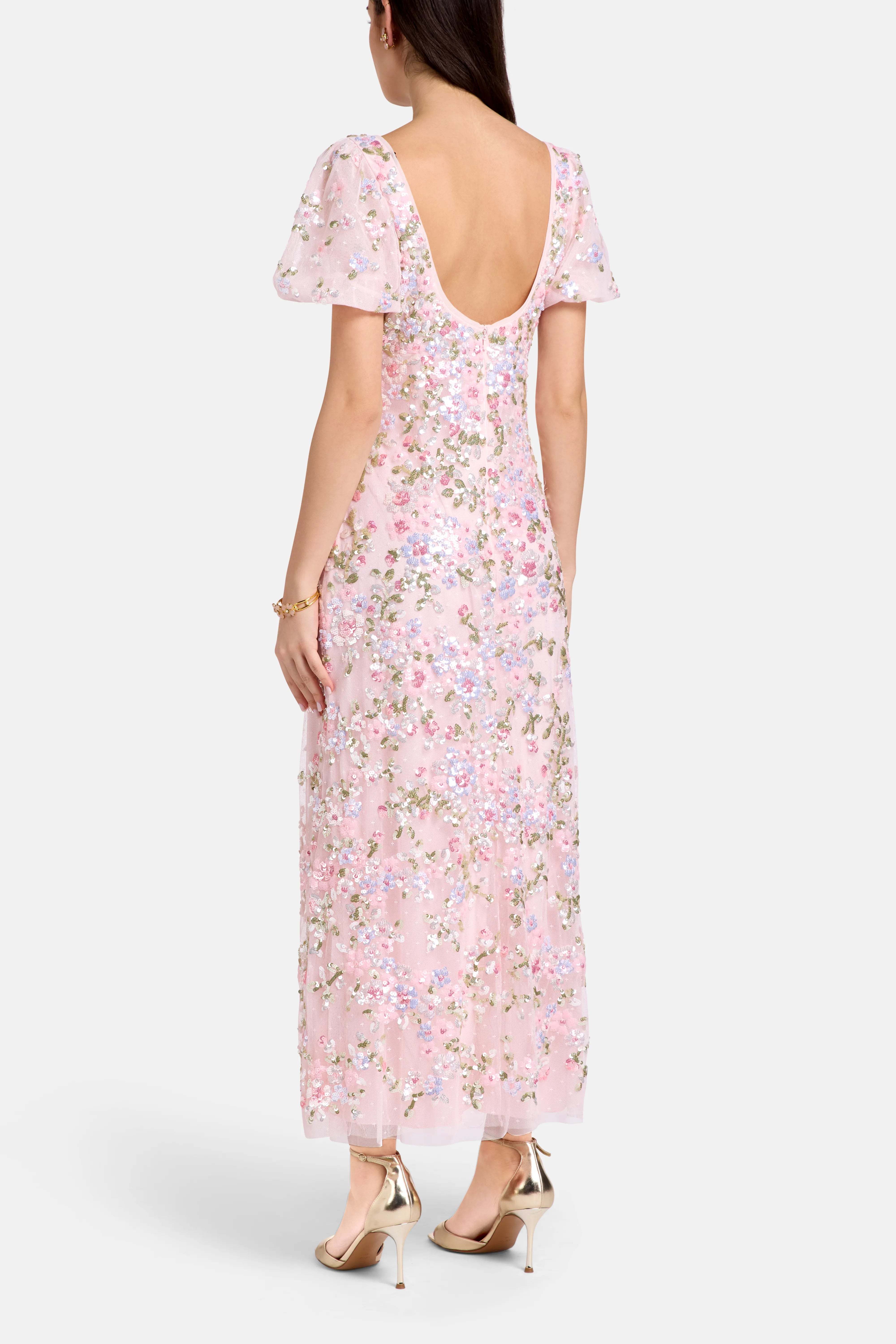 Dream Garland Puff Sleeves Evening Dress in Pink