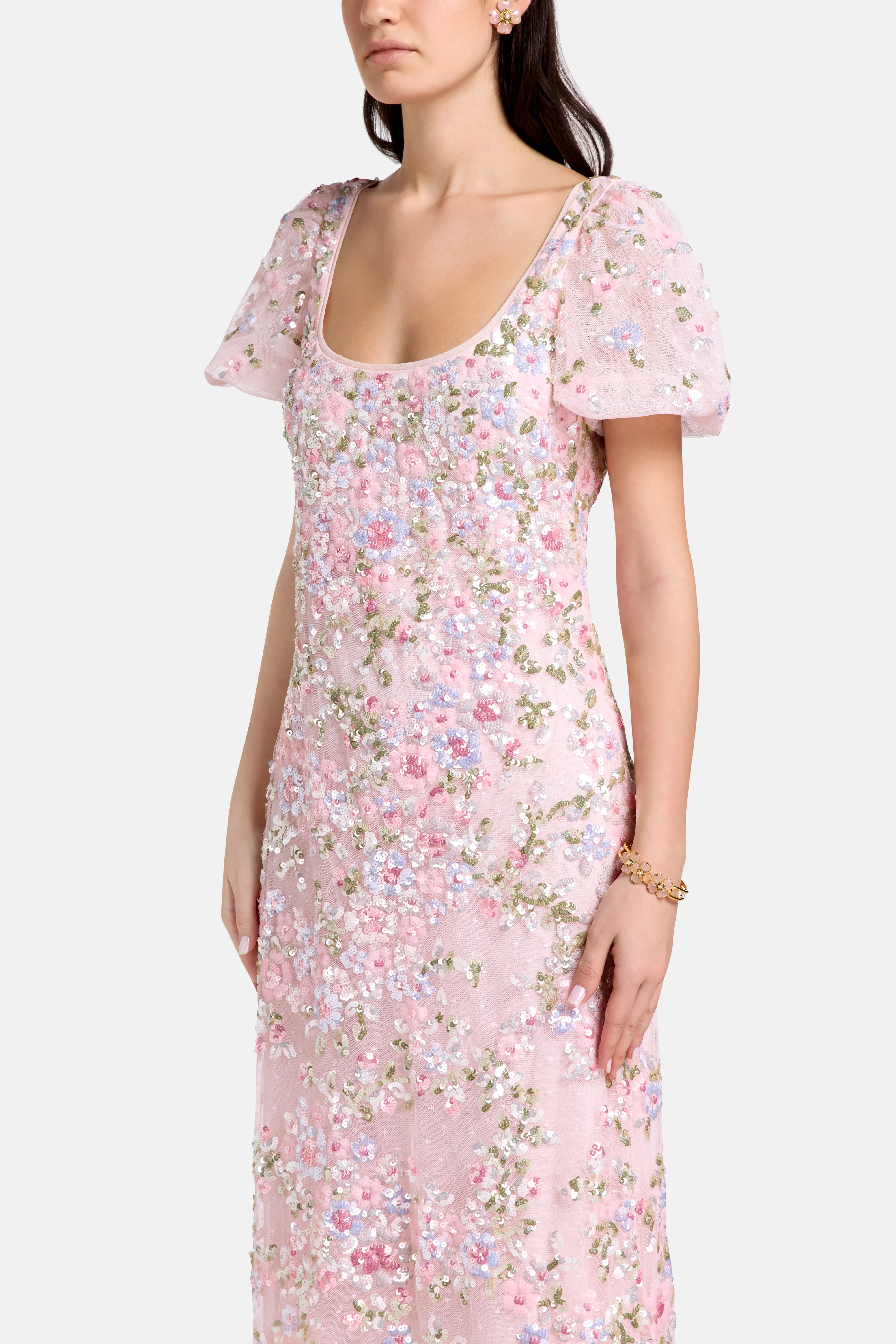 Dream Garland Puff Sleeves Evening Dress in Pink