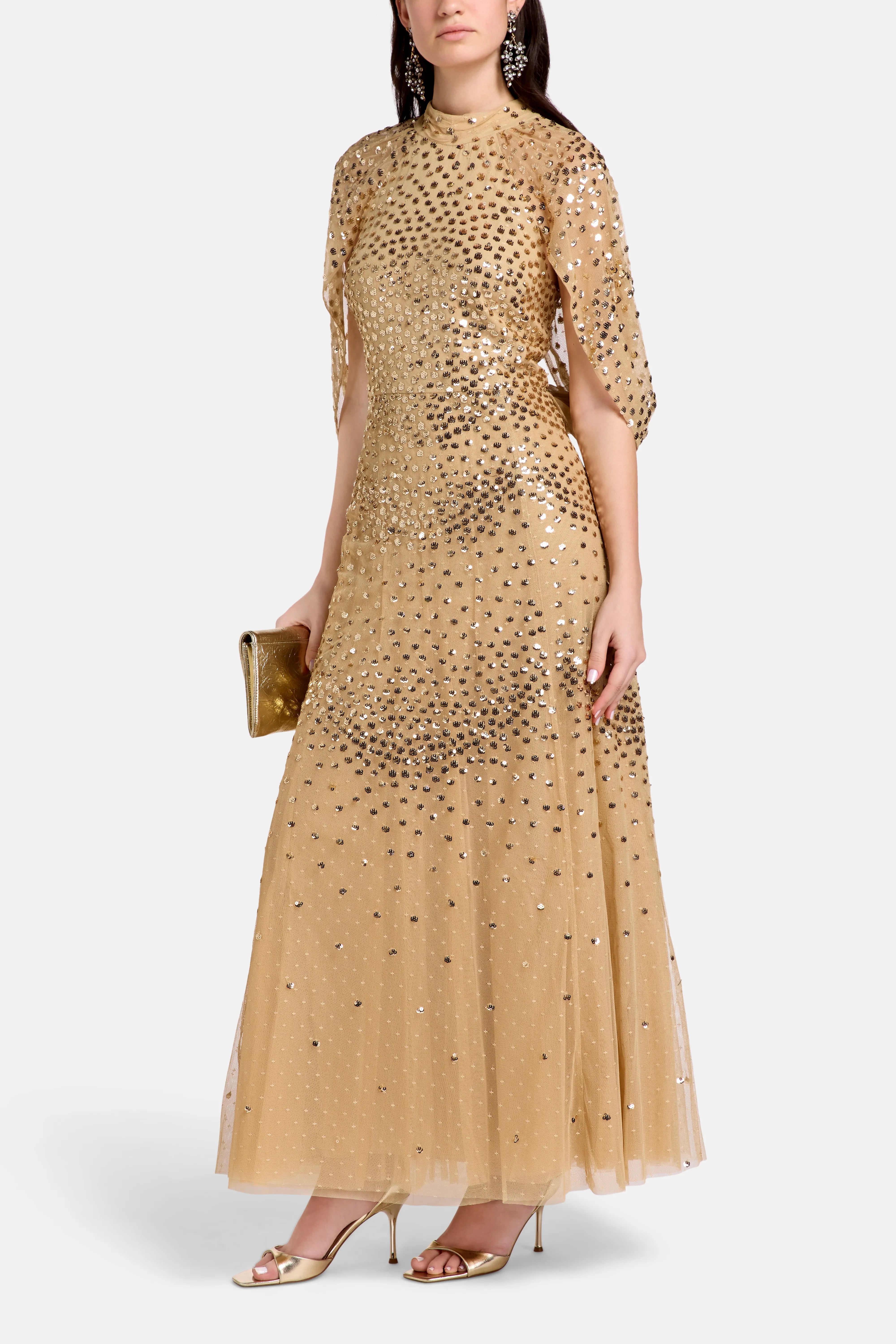 Scallop Sequins Cape Evening Dress in Gold