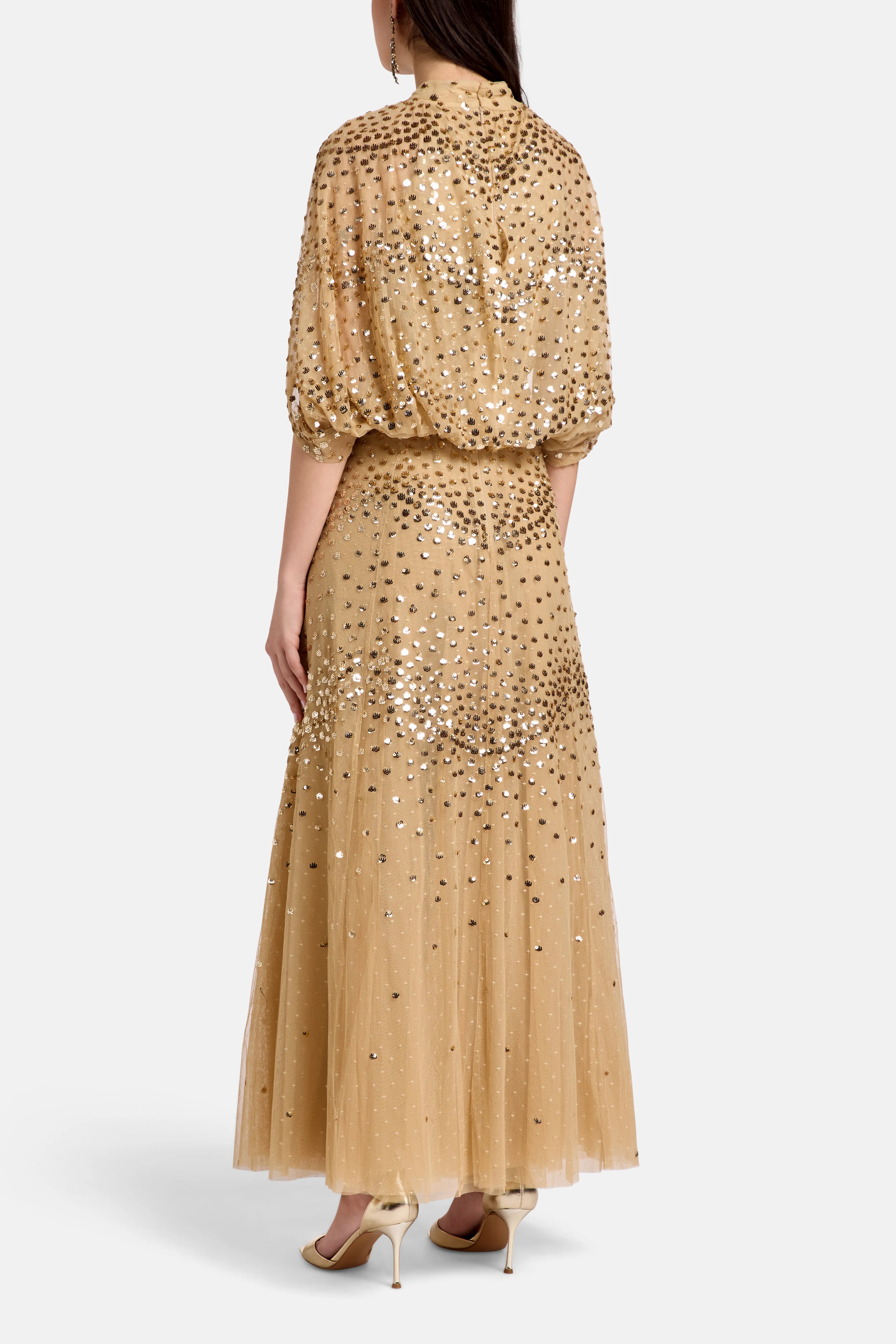 Scallop Sequins Cape Evening Dress in Gold