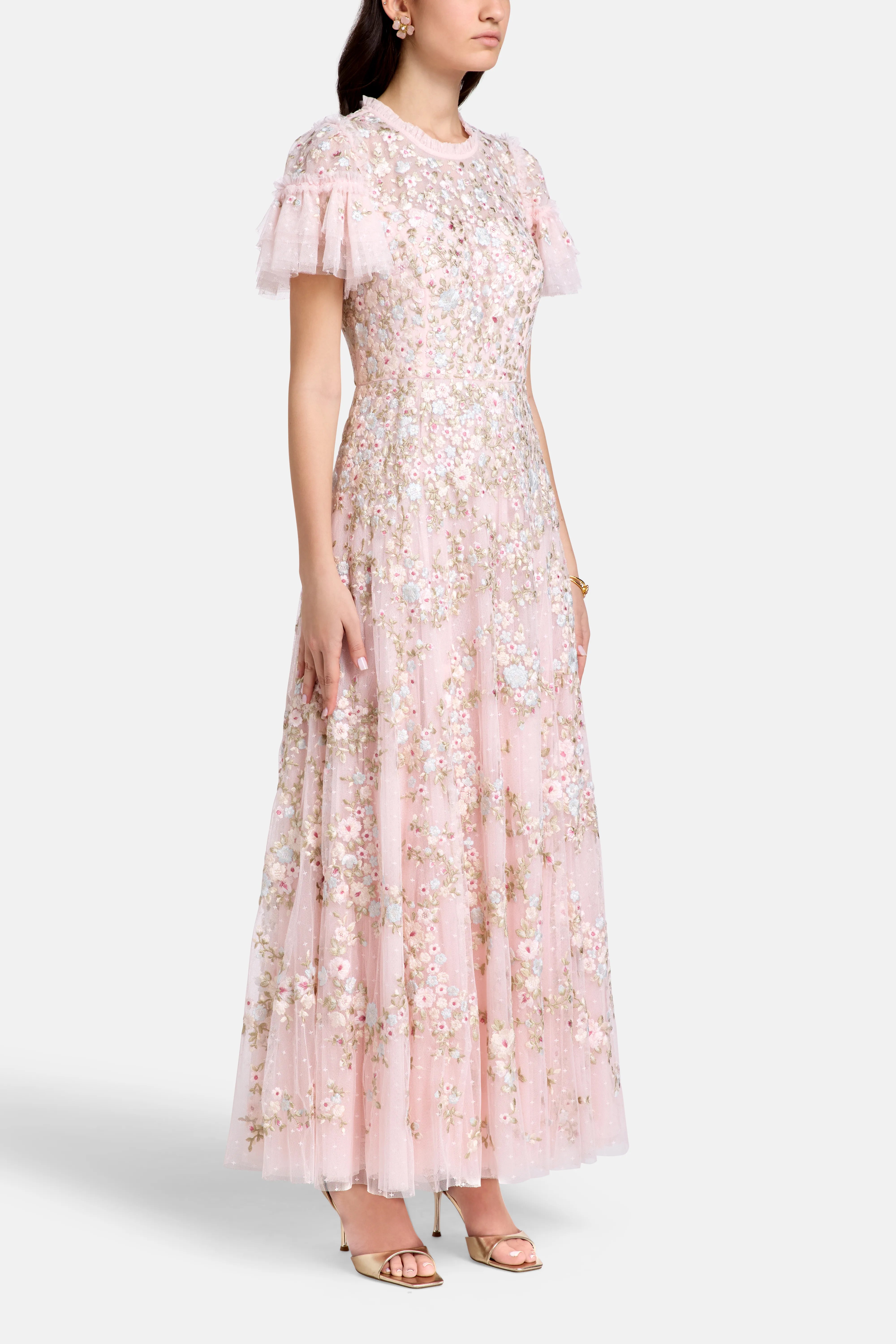 Lunaria Wreath Floral Evening Dress in Pink