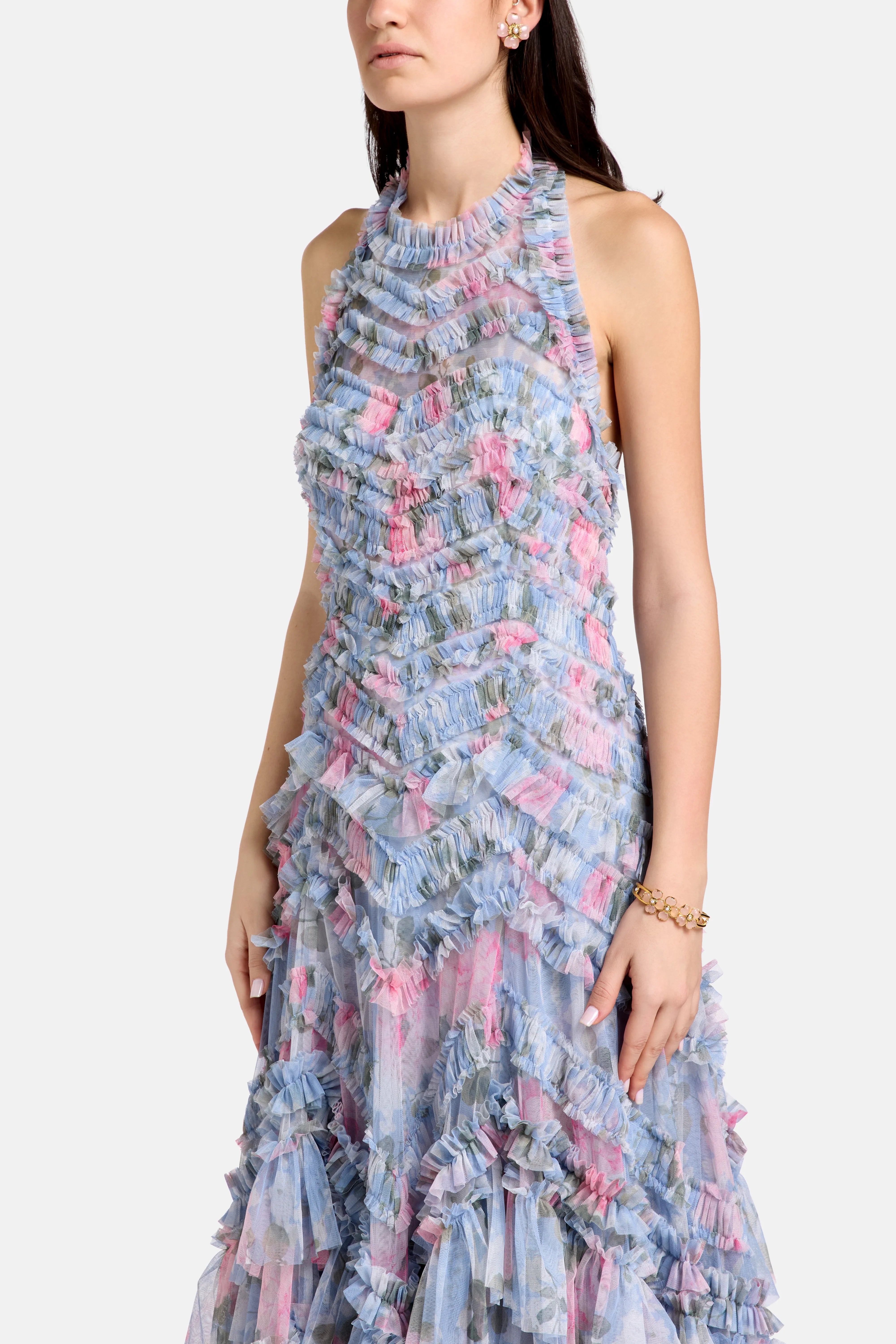 Camille's Garden Elia Halter Neck Floral Evening Dress in Blue