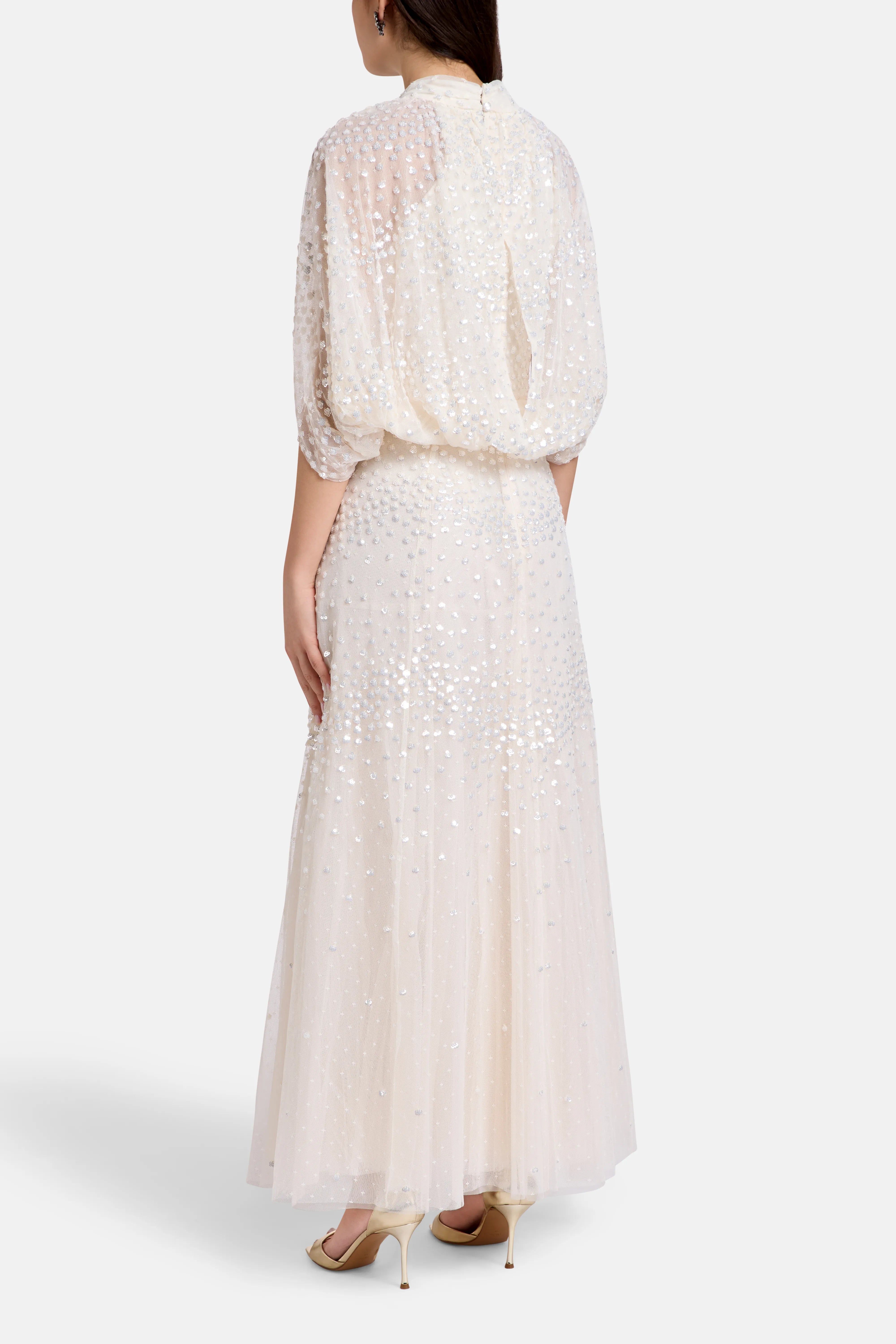 Scallop Sequins Cape Evening Dress in Cream