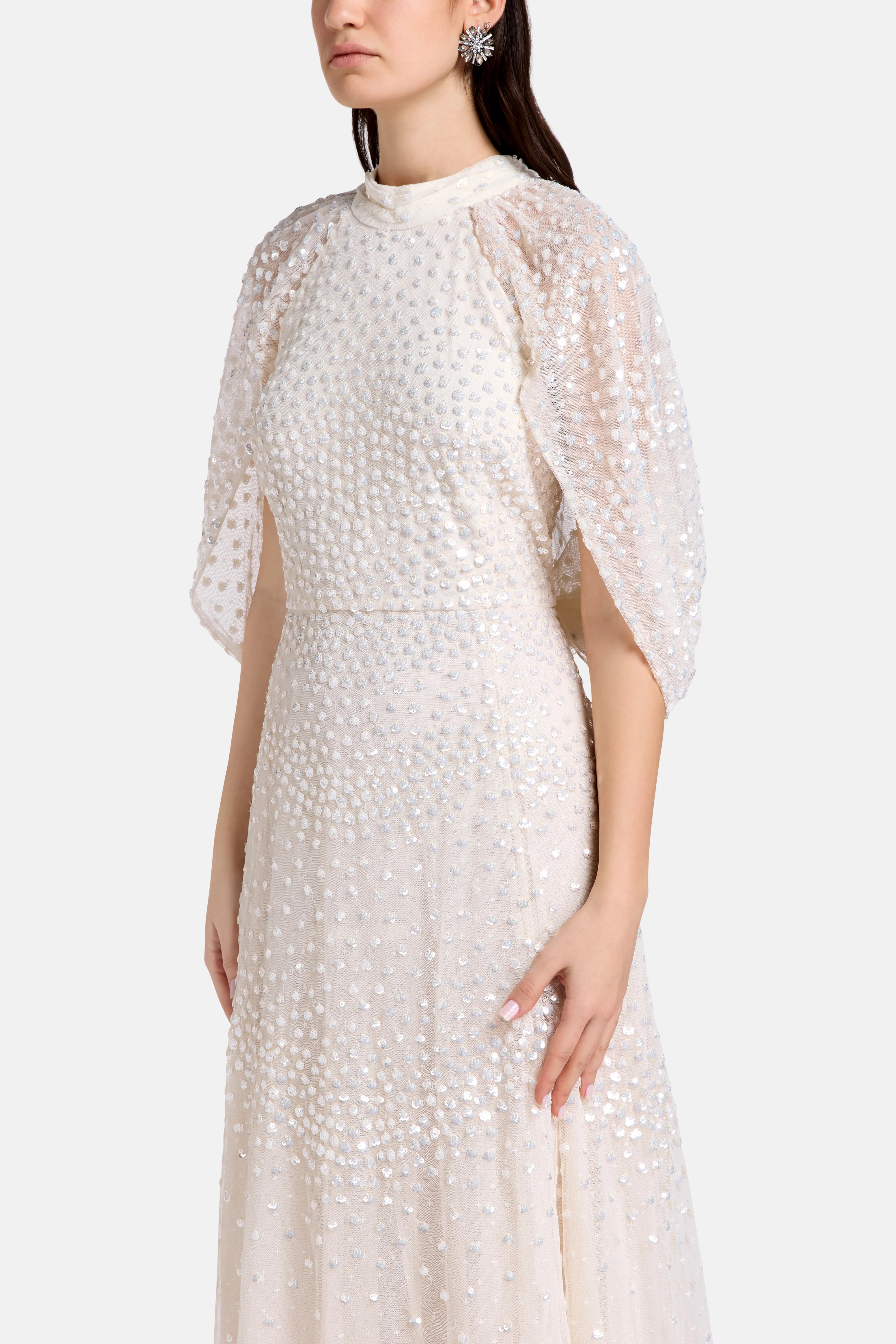 Scallop Sequins Cape Evening Dress in Cream