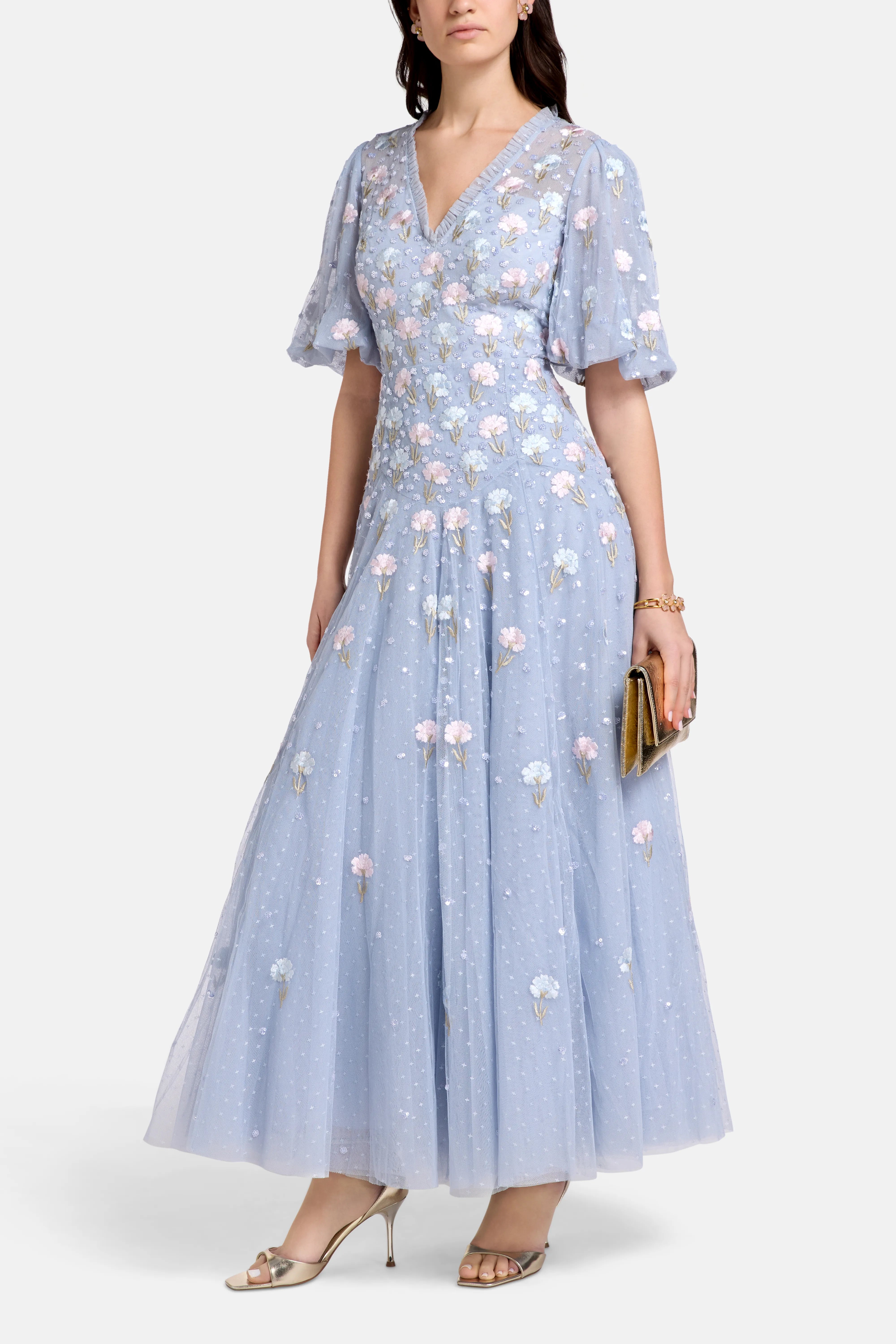 Dandelion Ditsy Floral Evening Dress in Blue