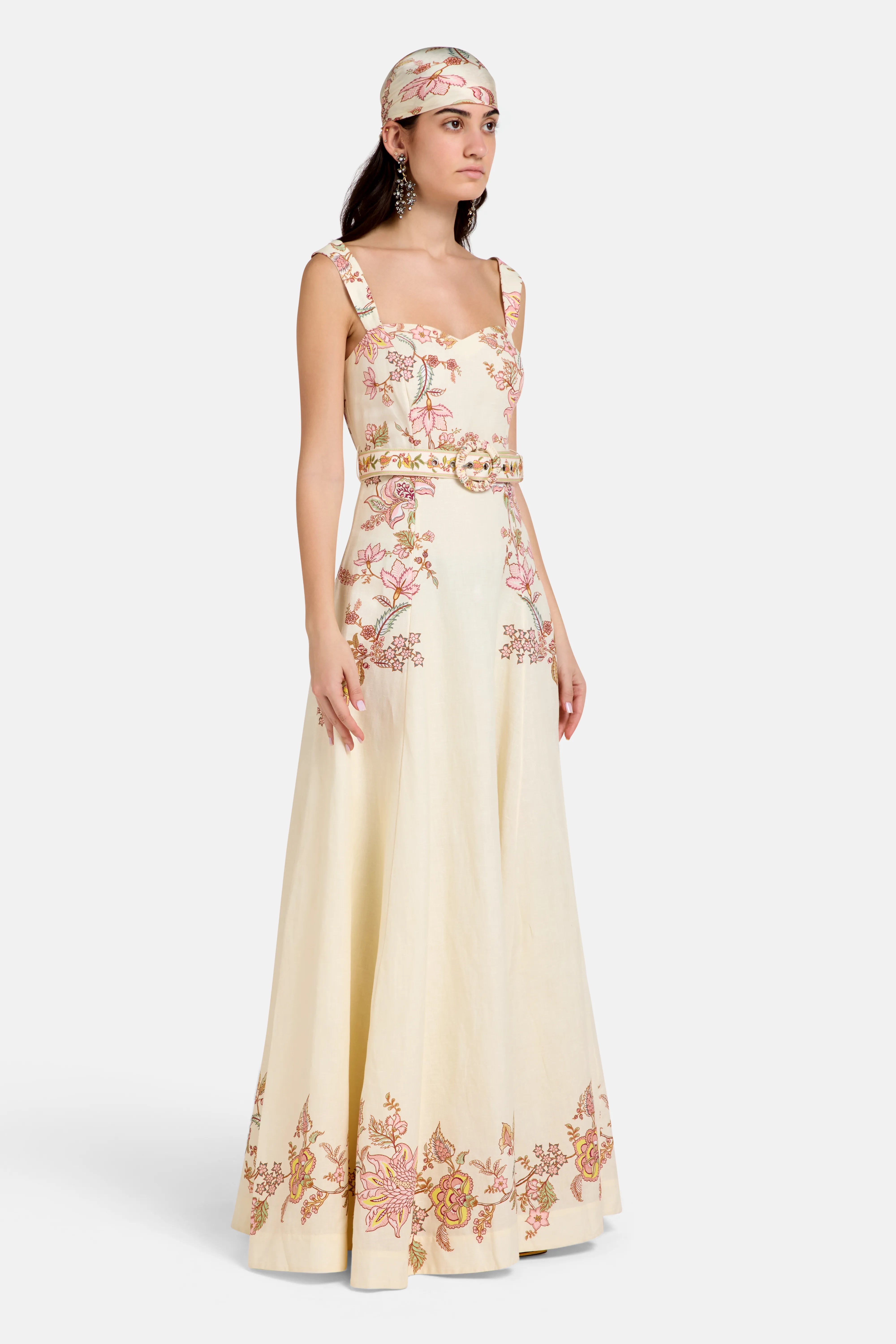 Sweetheart Neck Belted Floral Maxi Dress in Pink