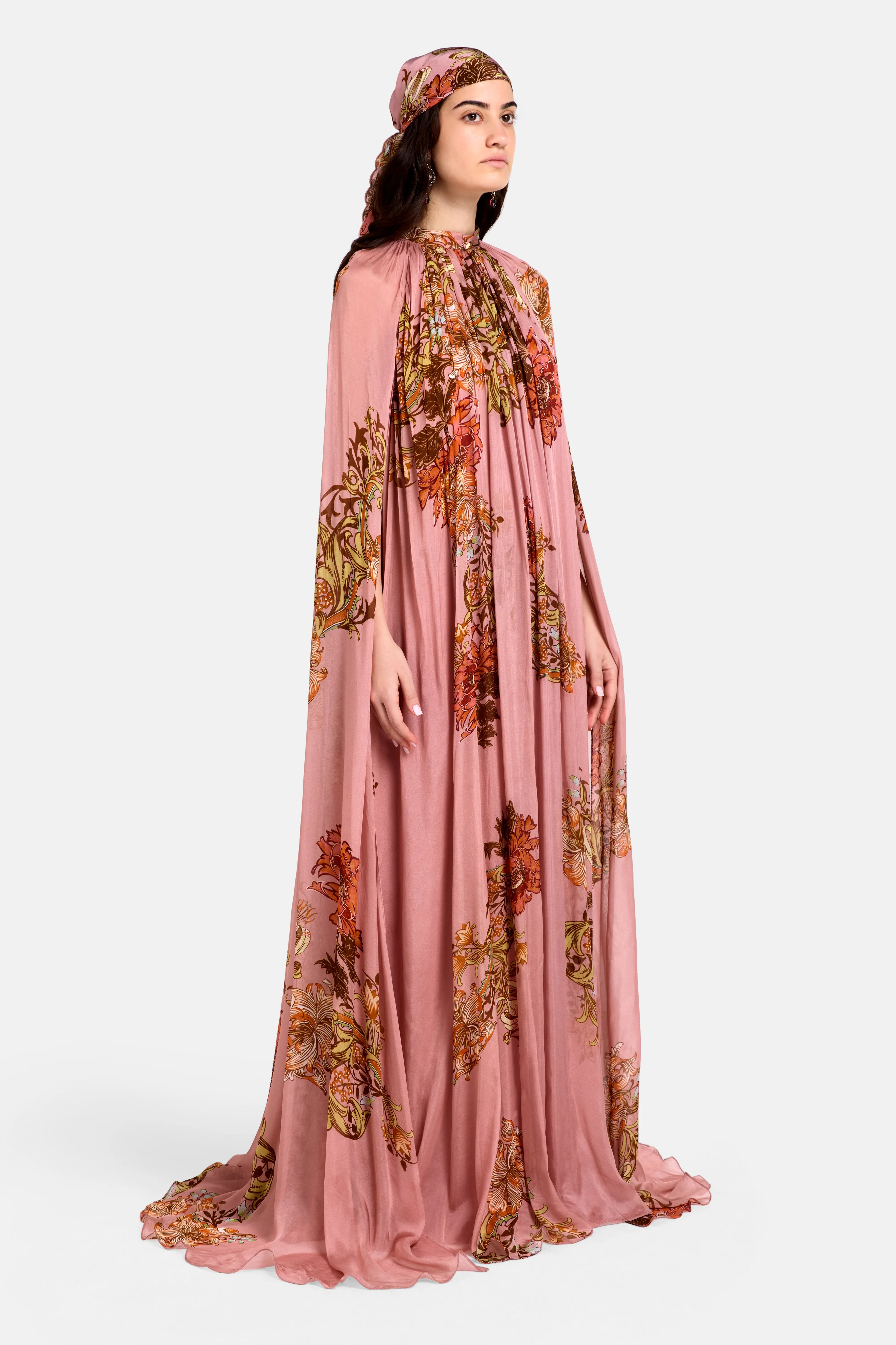 Sula Floral Pleated Cape Kaftan in Pink