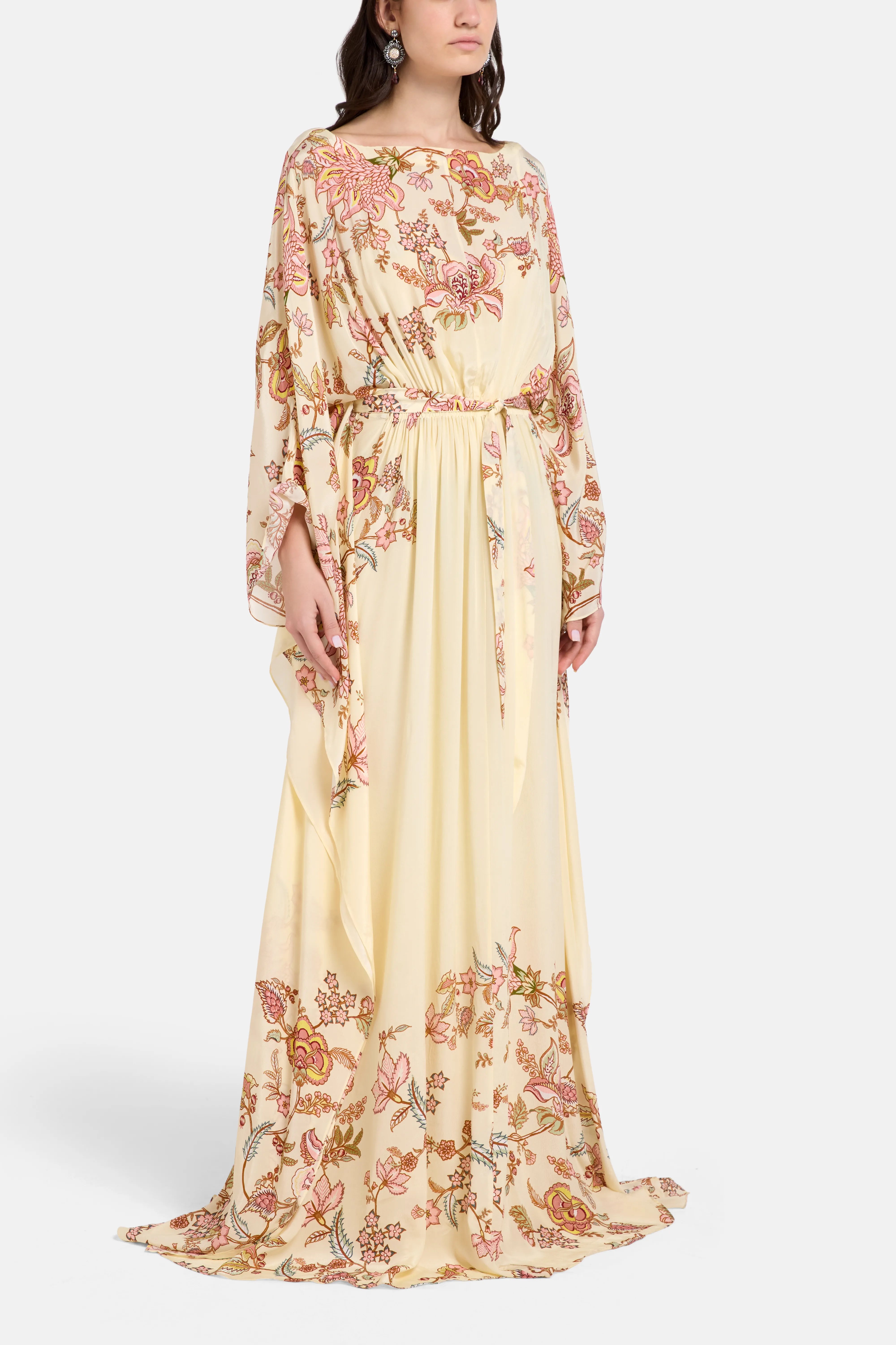 Riah Boat Neck Floral Kaftan in Cream