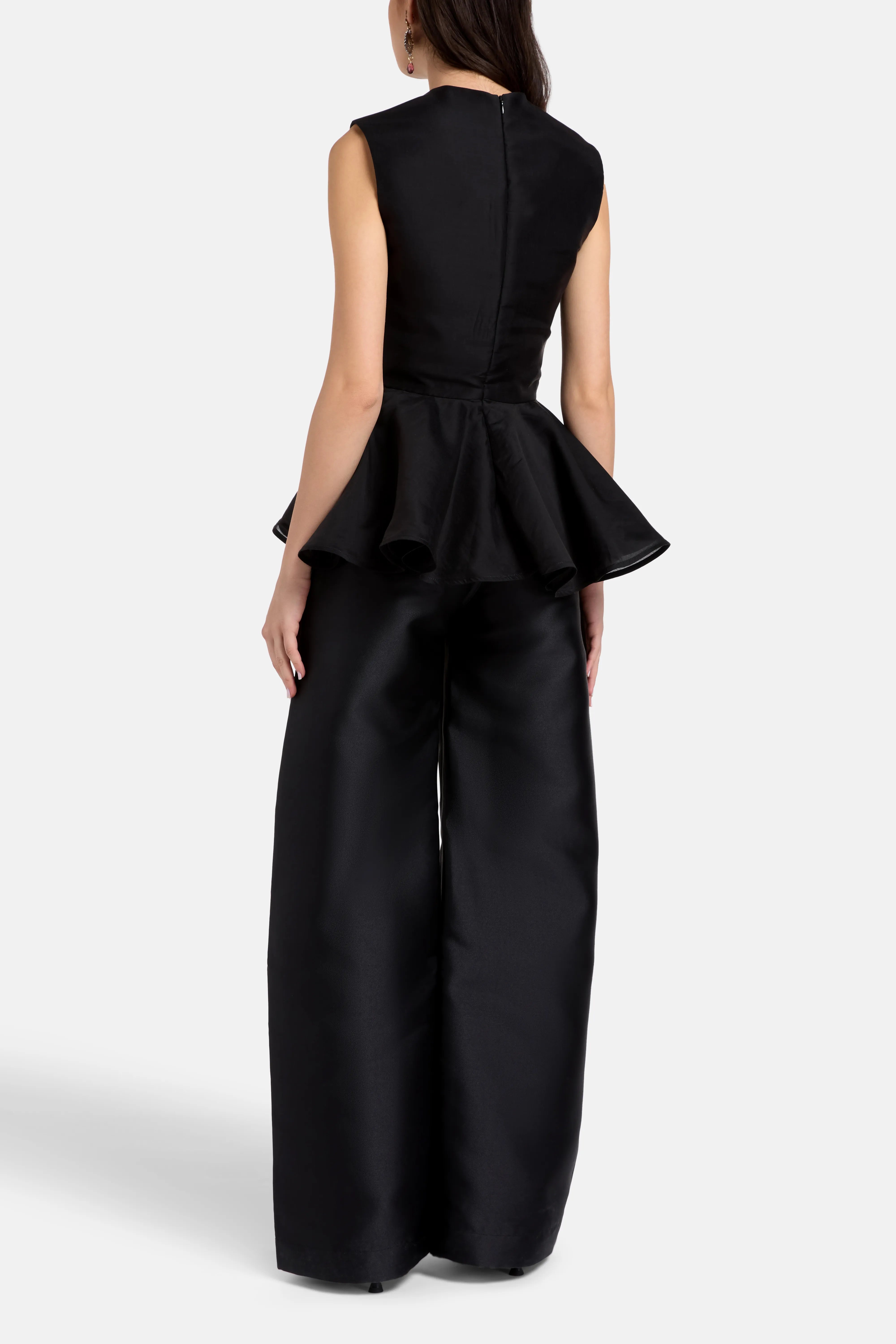 Floral Embellished Satin and Chiffon Sleeveless Top in Black