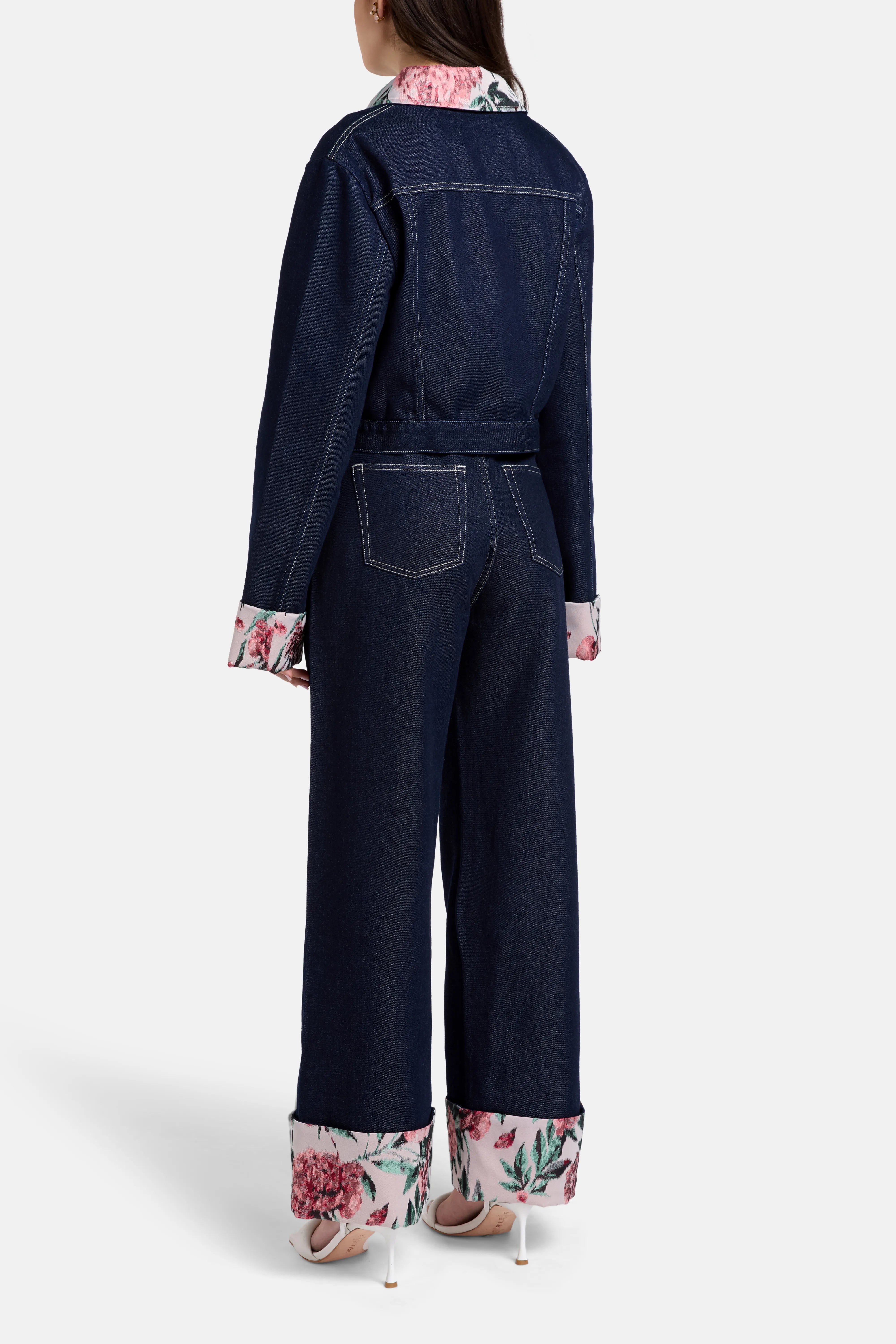 Indigo Denim Cotton Floral Brocade Jacket in Blue
