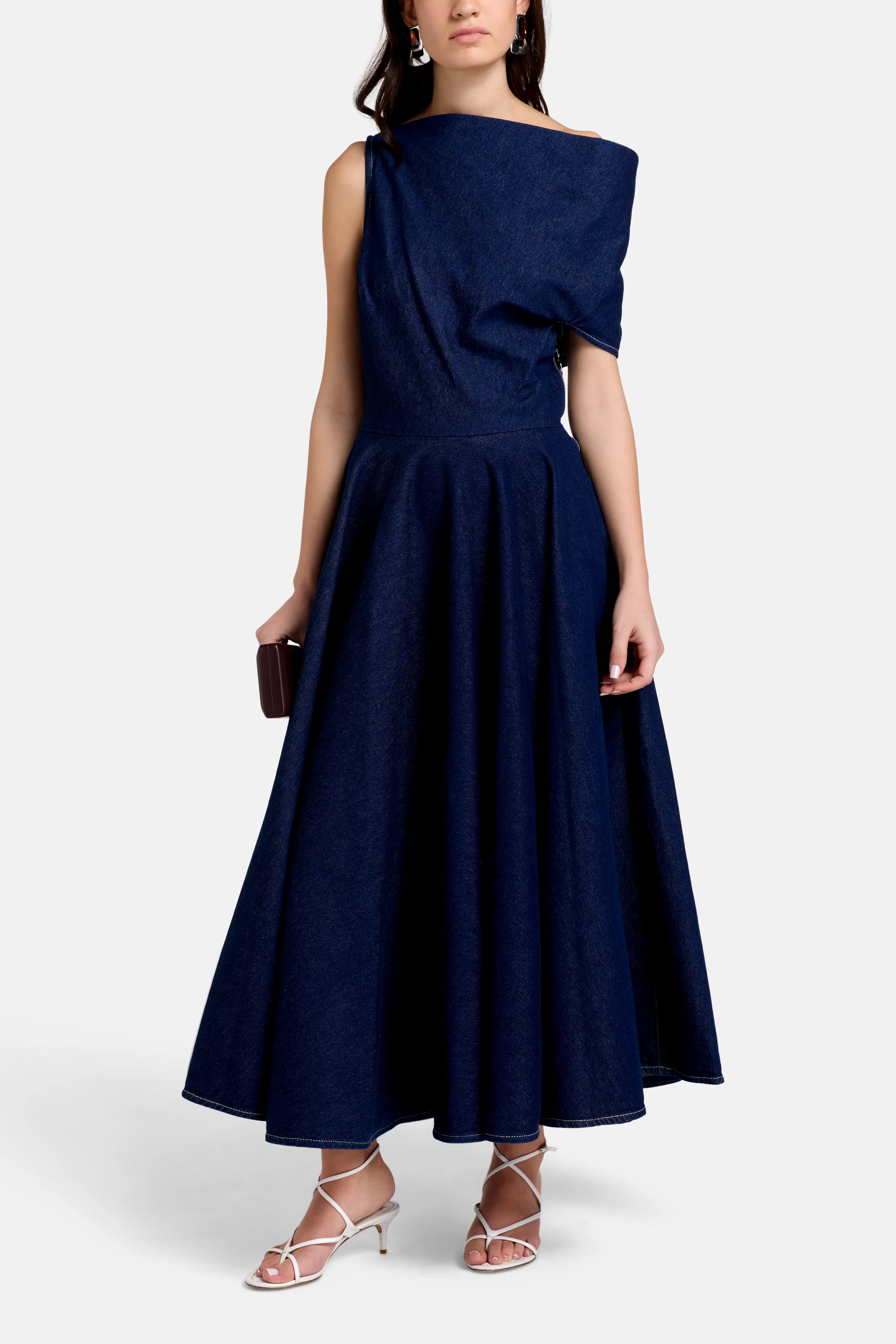 Indigo Denim Cotton Sleeveless Midi Dress in Blue