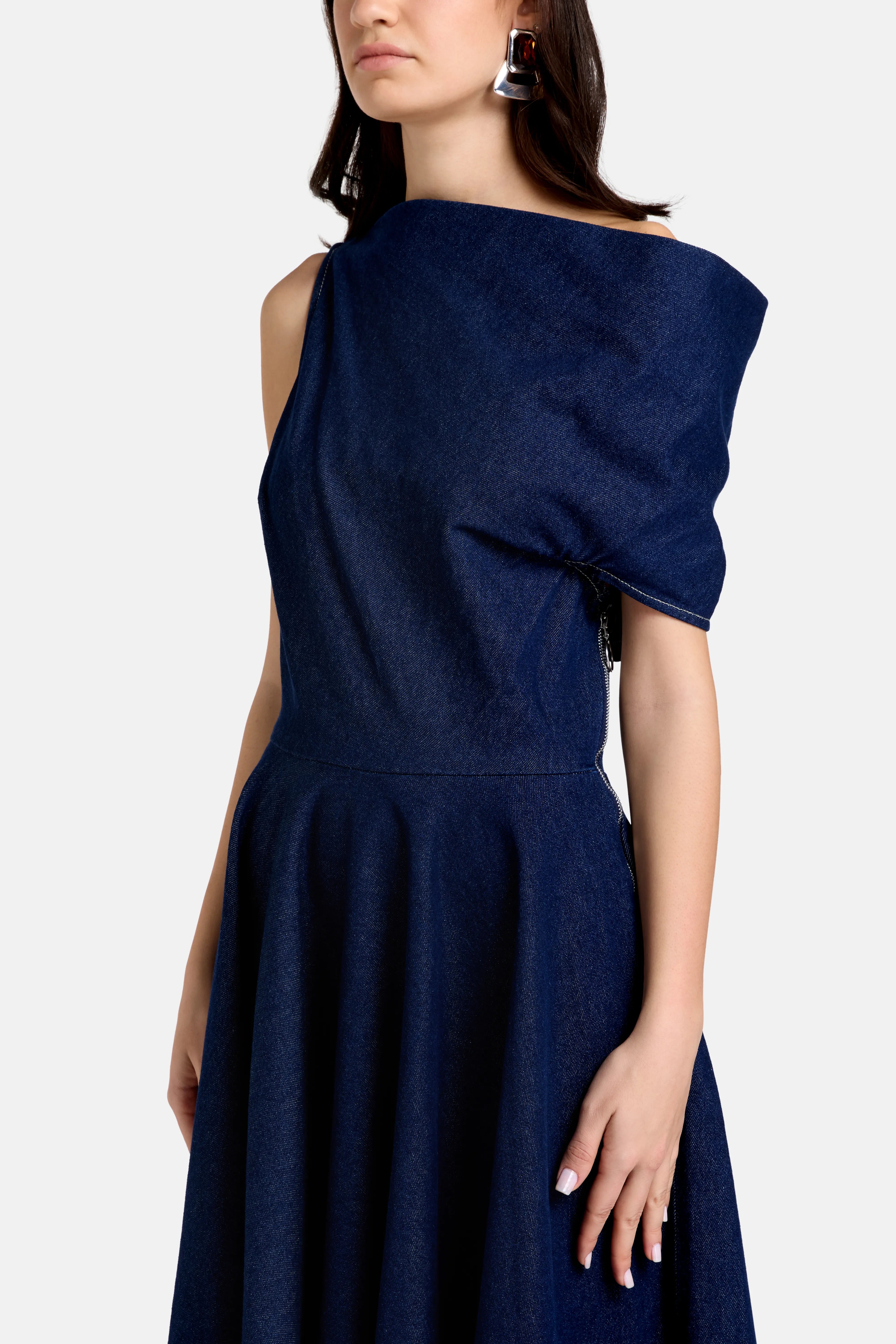 Indigo Denim Cotton Sleeveless Midi Dress in Blue