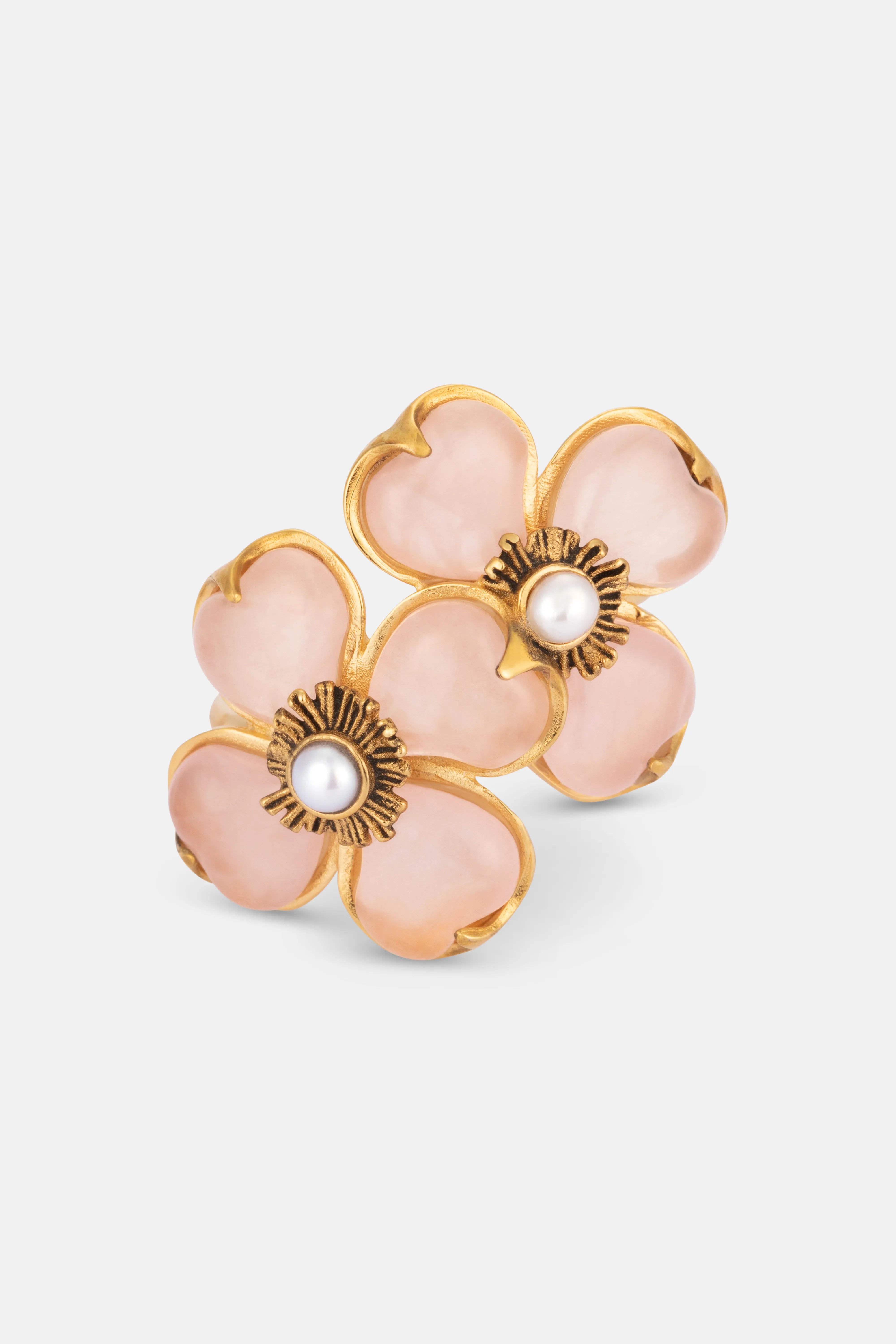 Double Trefle Quartz Ring in Pink