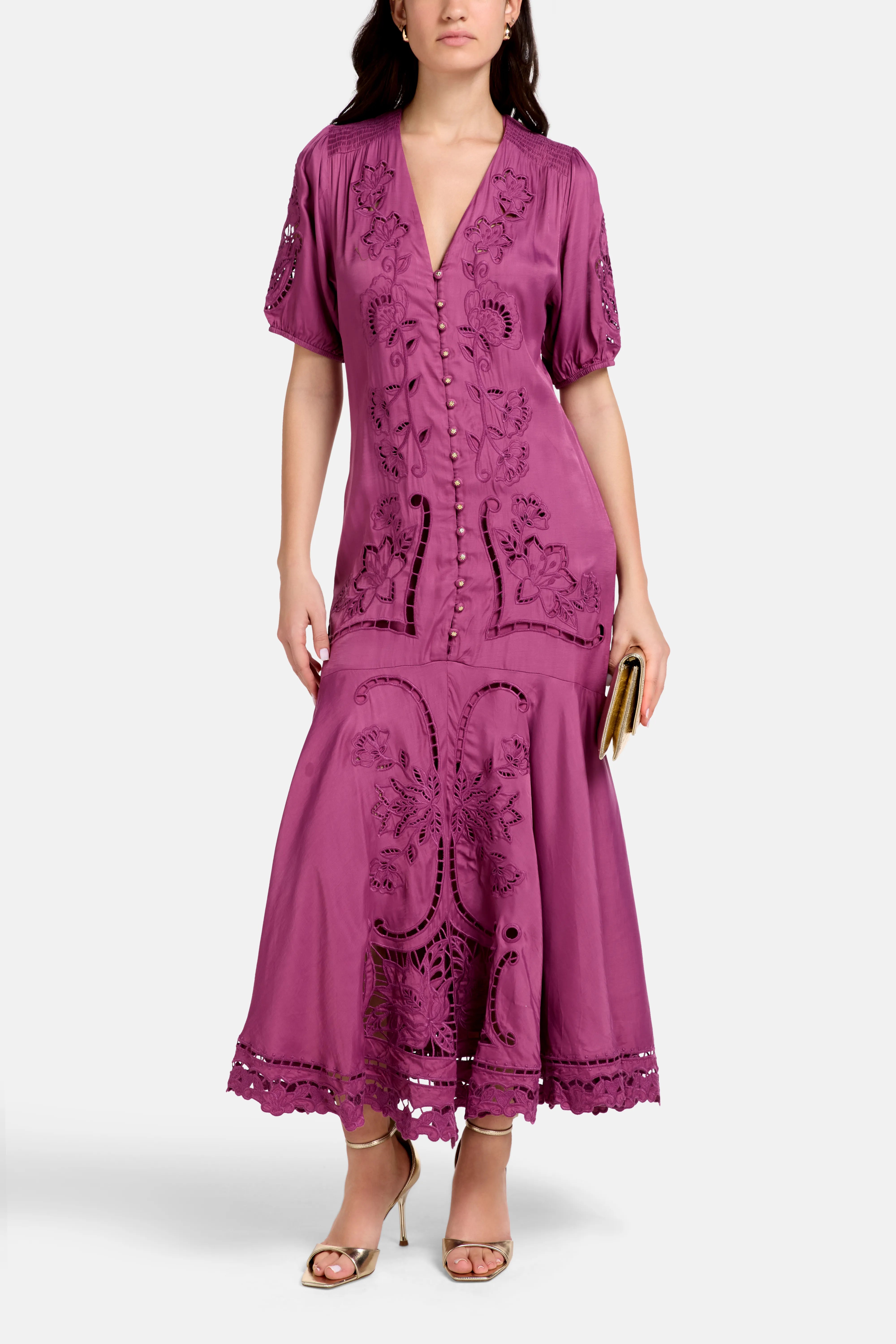 Richilieu V Neck Maxi Dress in Pink
