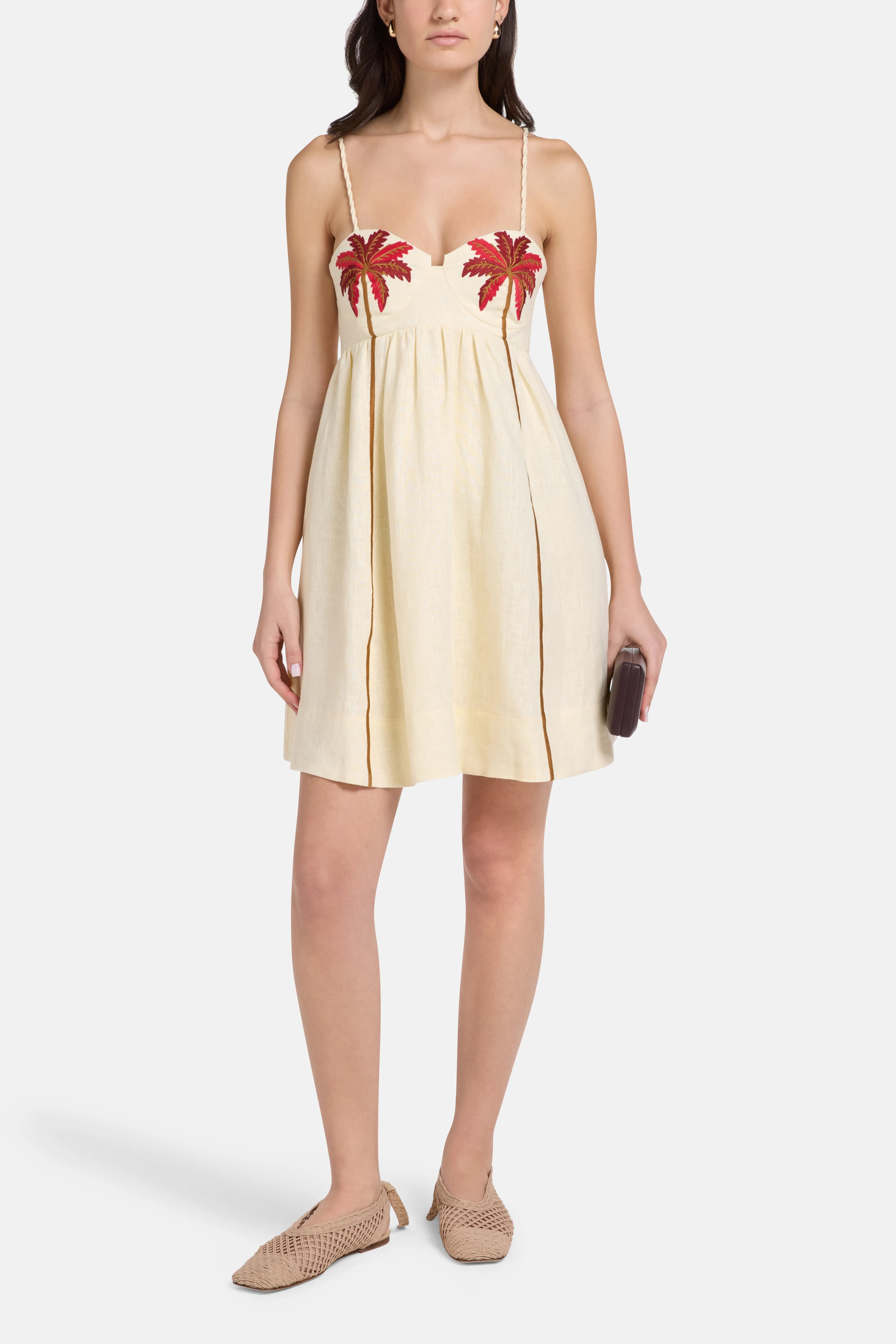 Coconut Tree Embroidered Linen Mini Dress in Brown