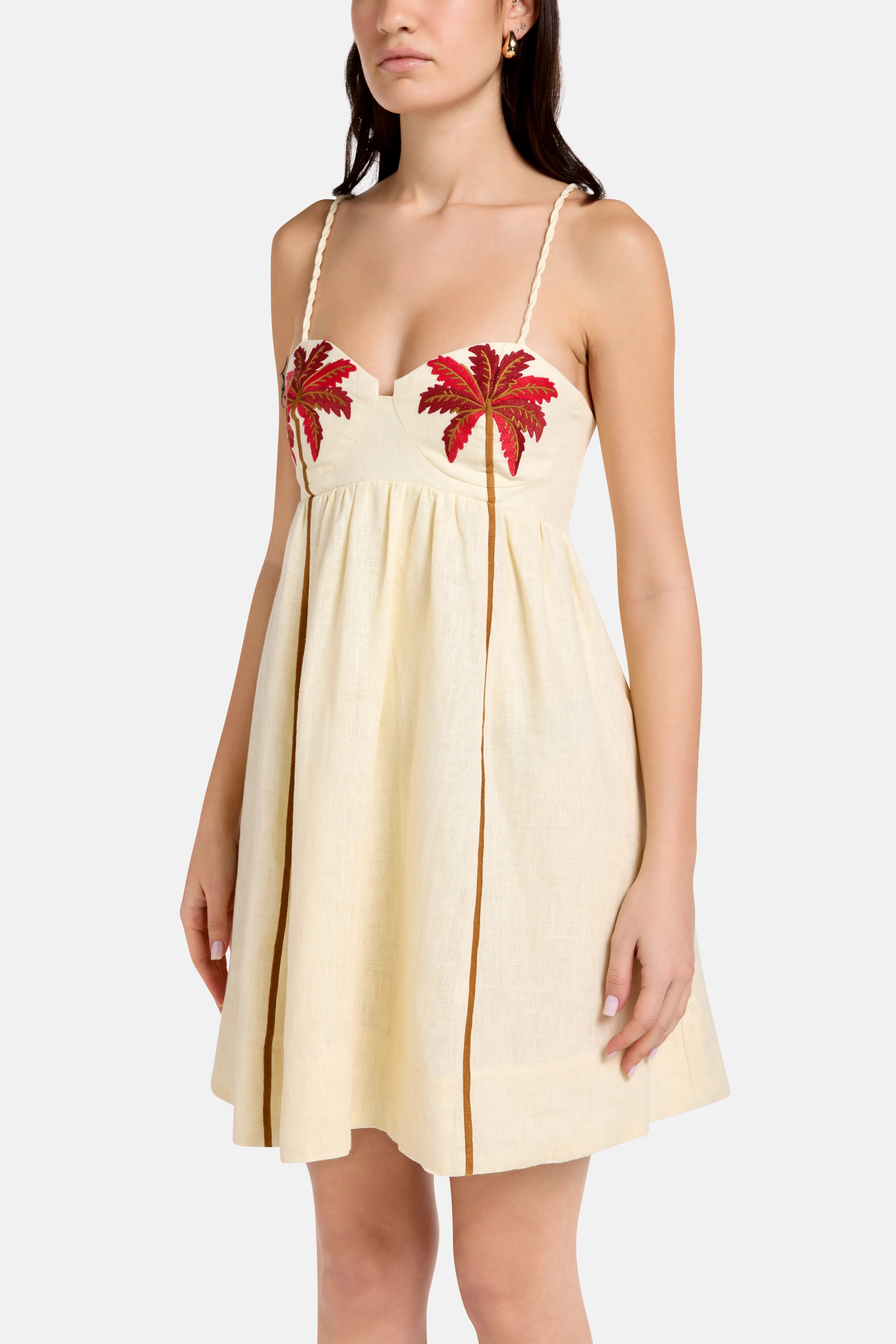 Coconut Tree Embroidered Linen Mini Dress in Brown