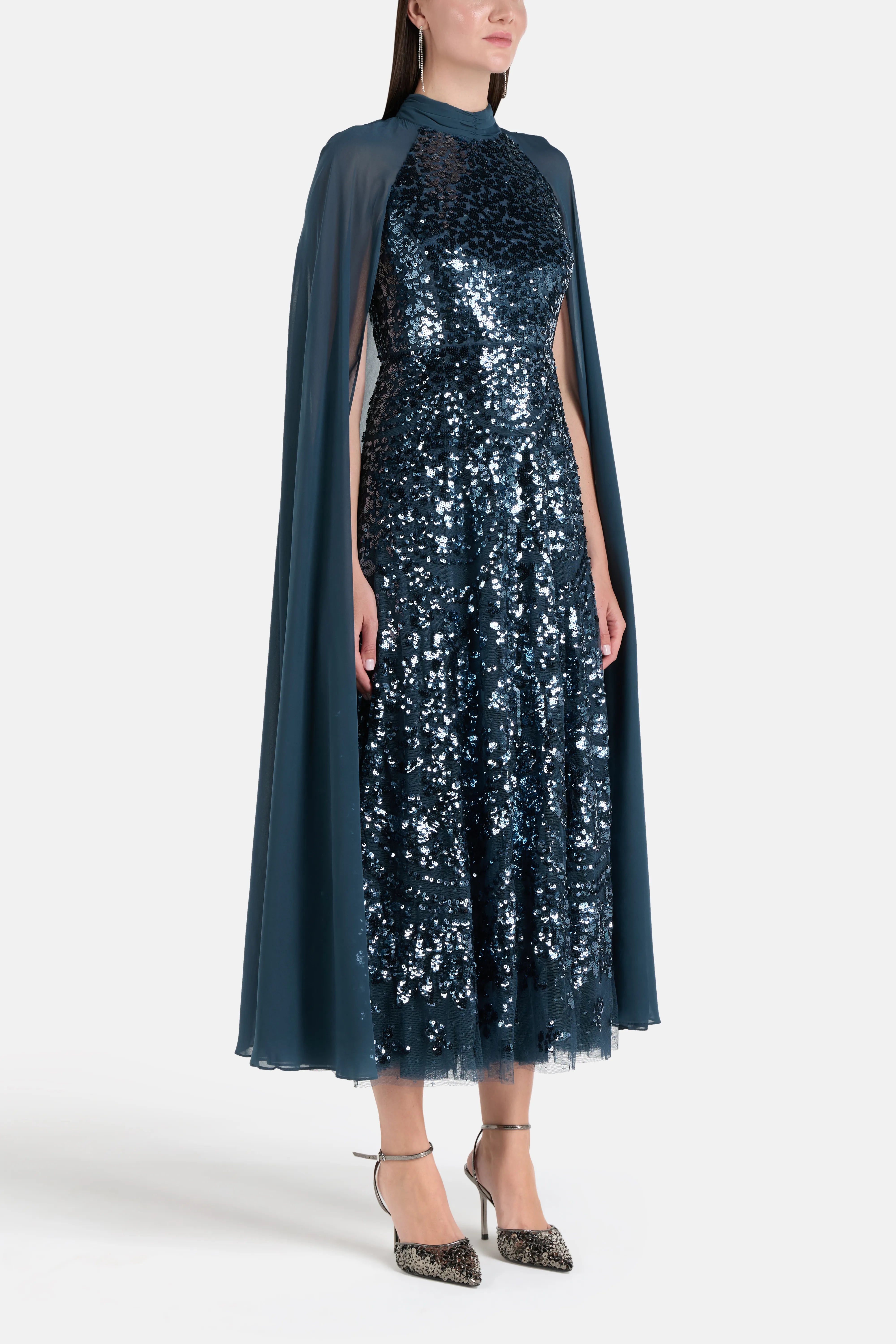 Chandelier Sequins Cape Evening Dress in Blue