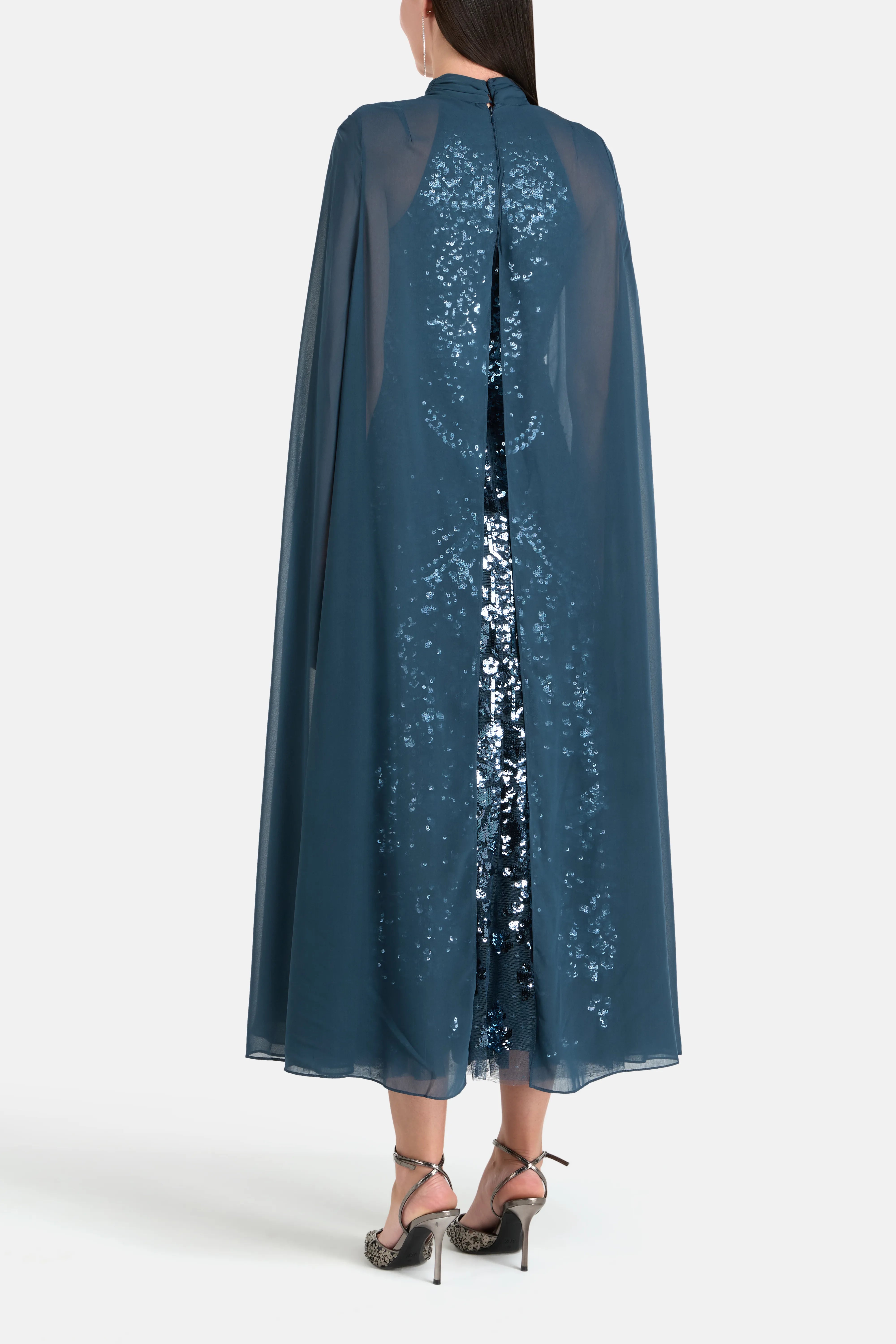 Chandelier Sequins Cape Evening Dress in Blue