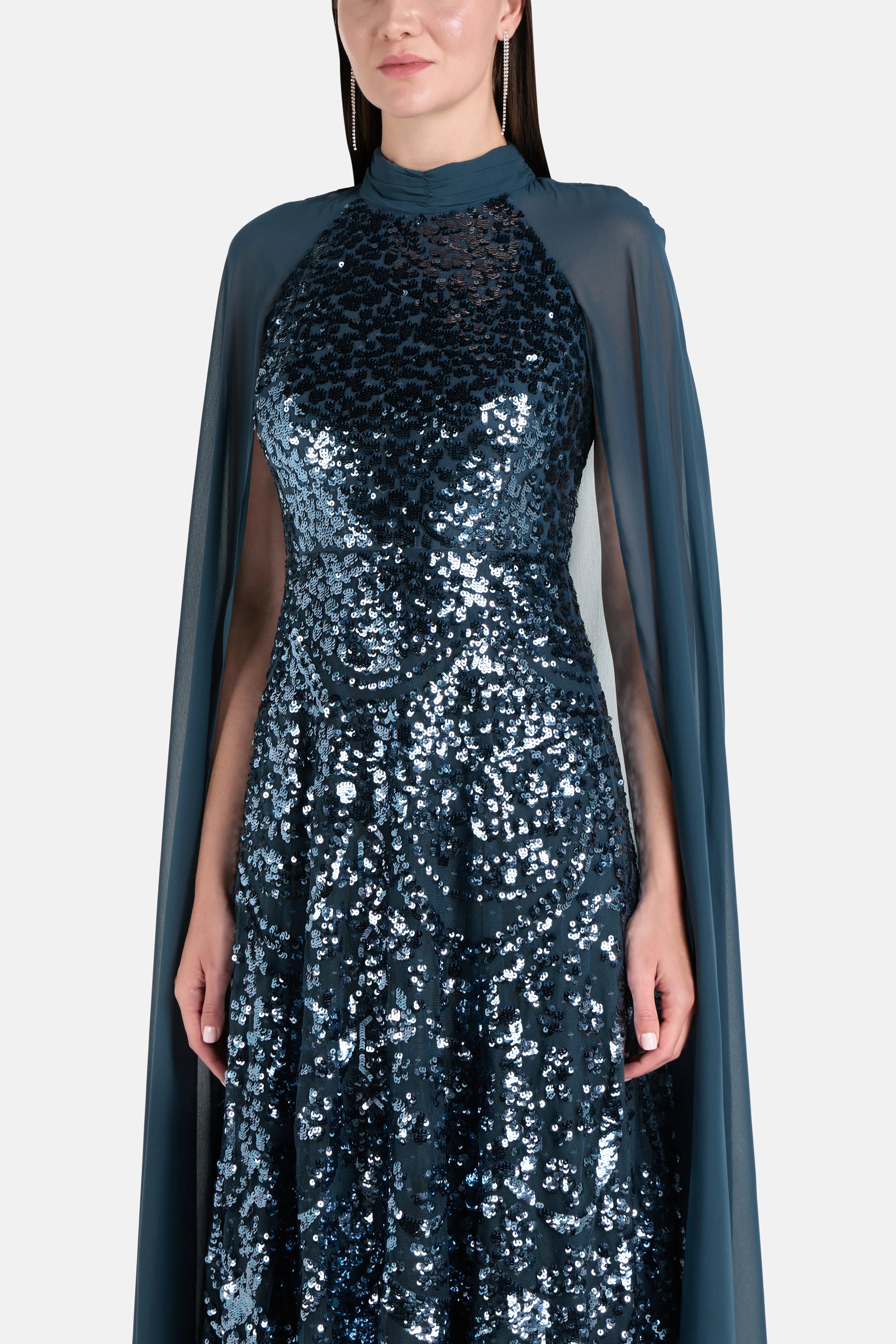 Chandelier Sequins Cape Evening Dress in Blue