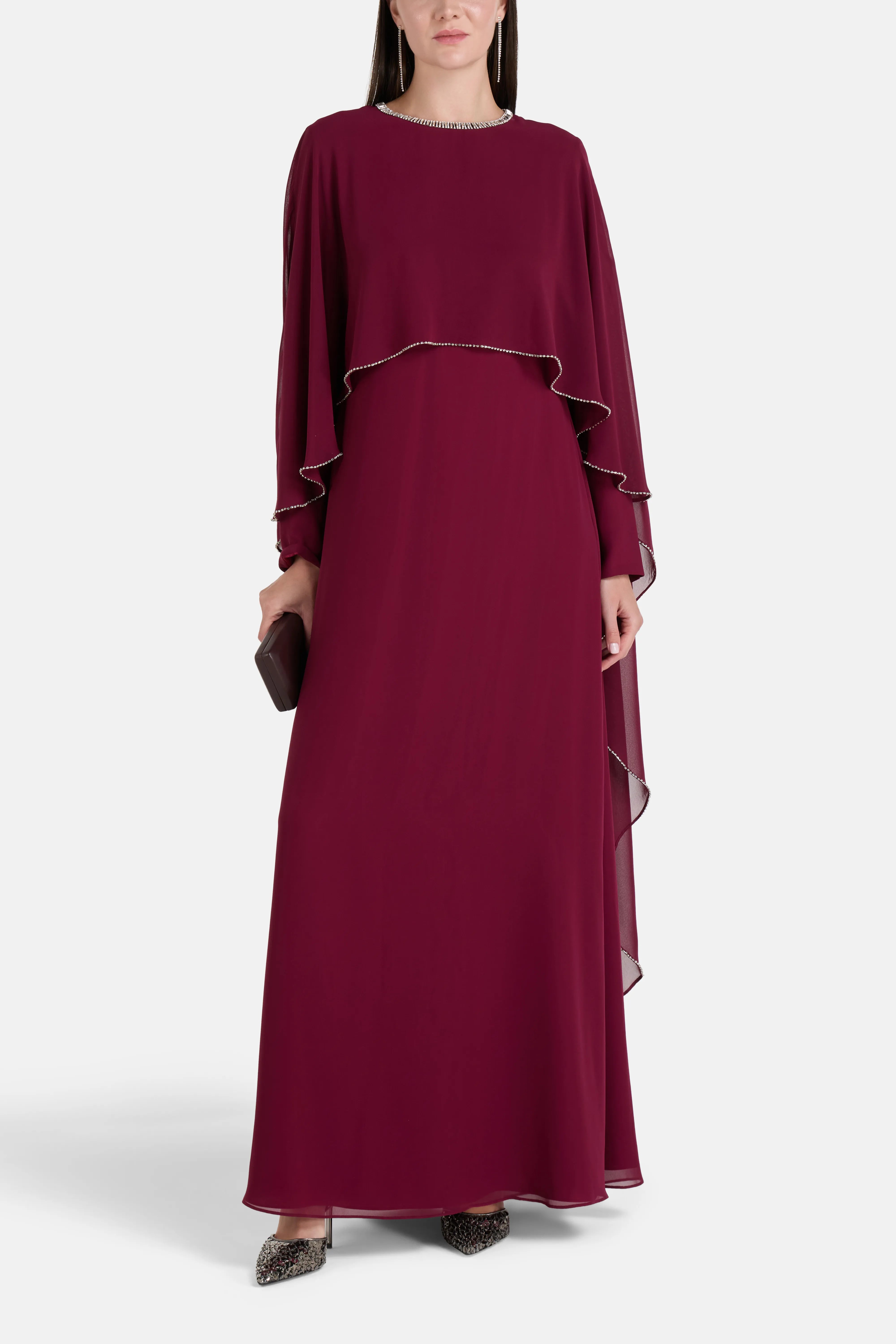Samira Cape Sleeves Embellished Evening Dress in Burgundy