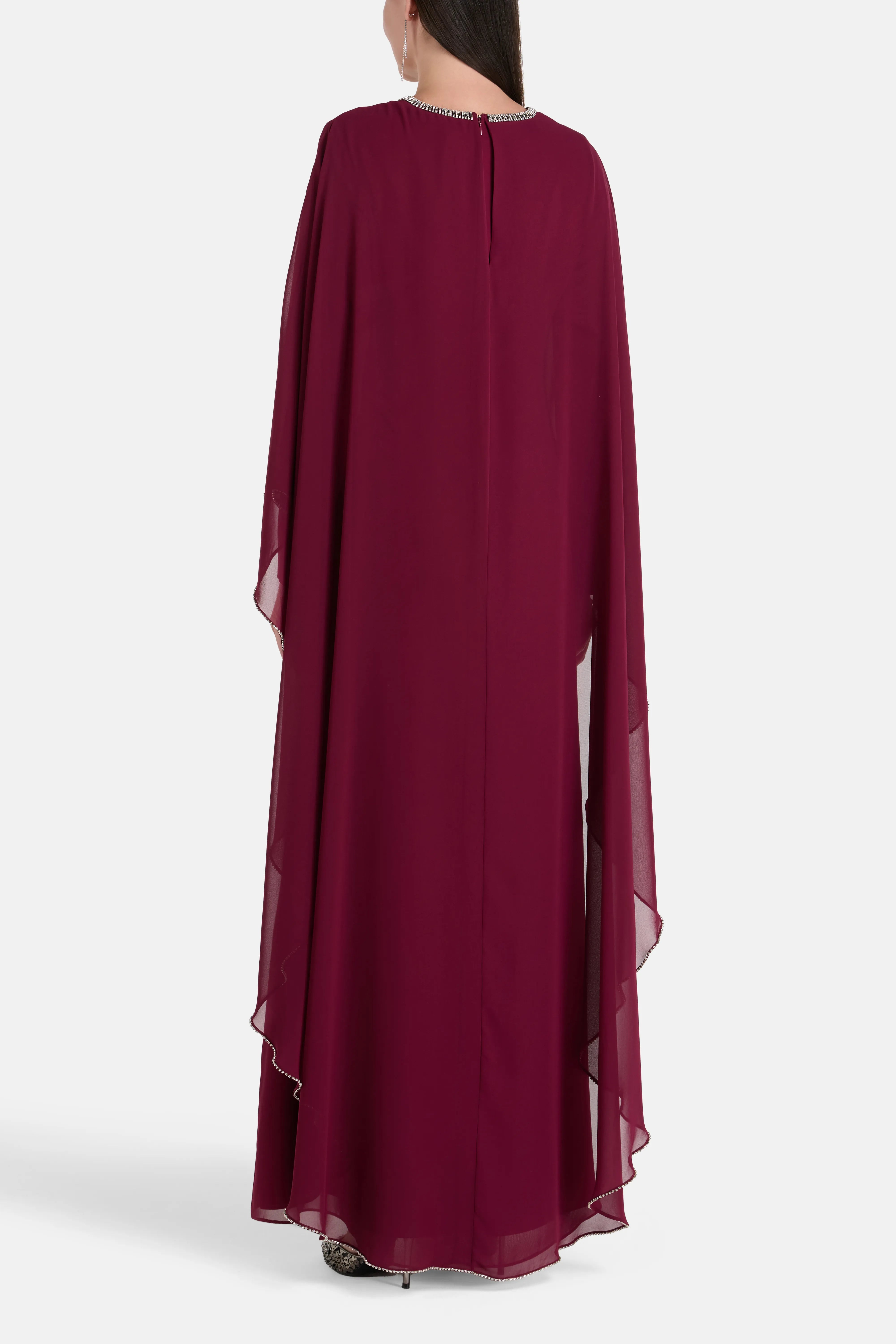 Samira Cape Sleeves Embellished Evening Dress in Burgundy