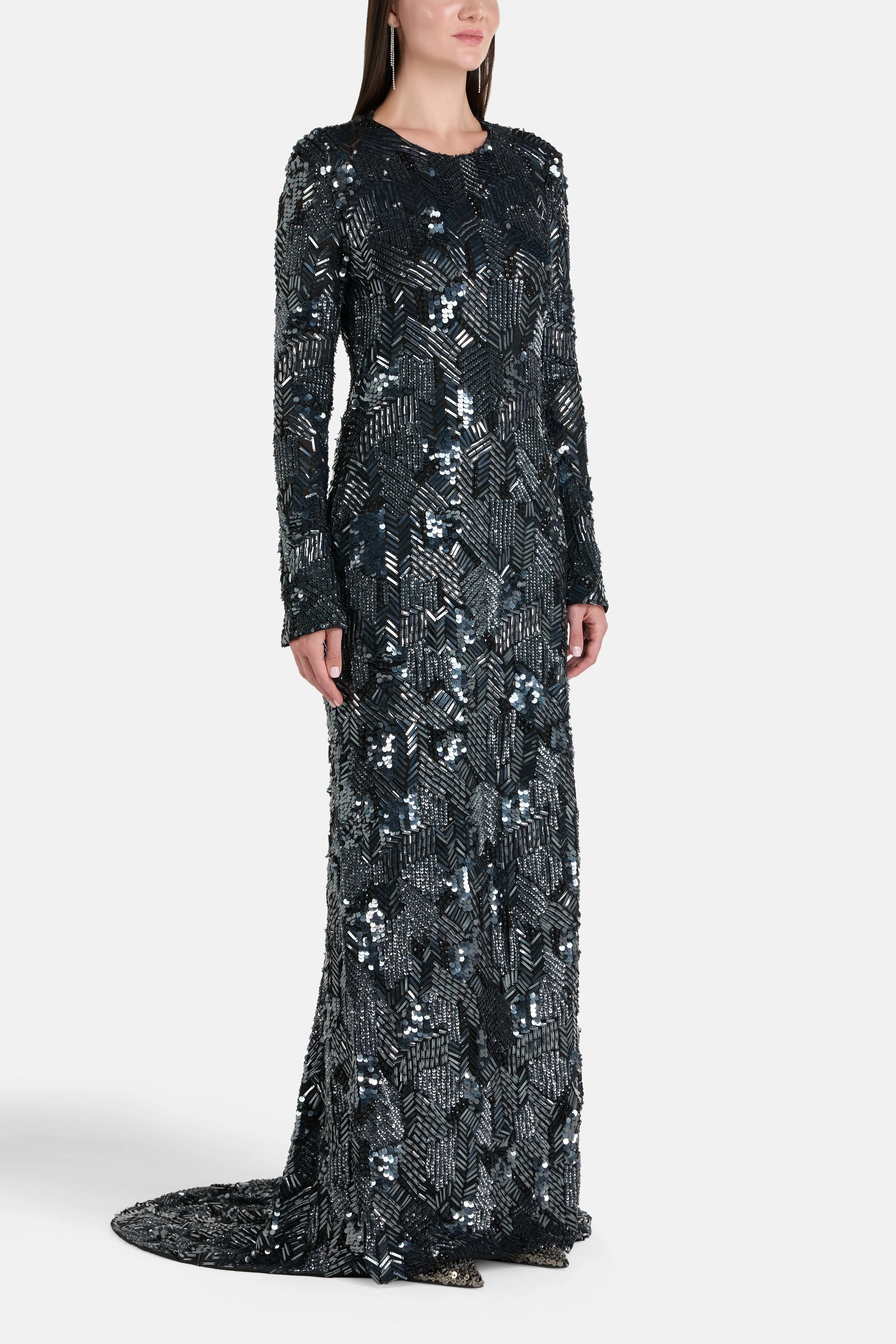 Long Sleeves Embellished Evening Dress with Train in Black