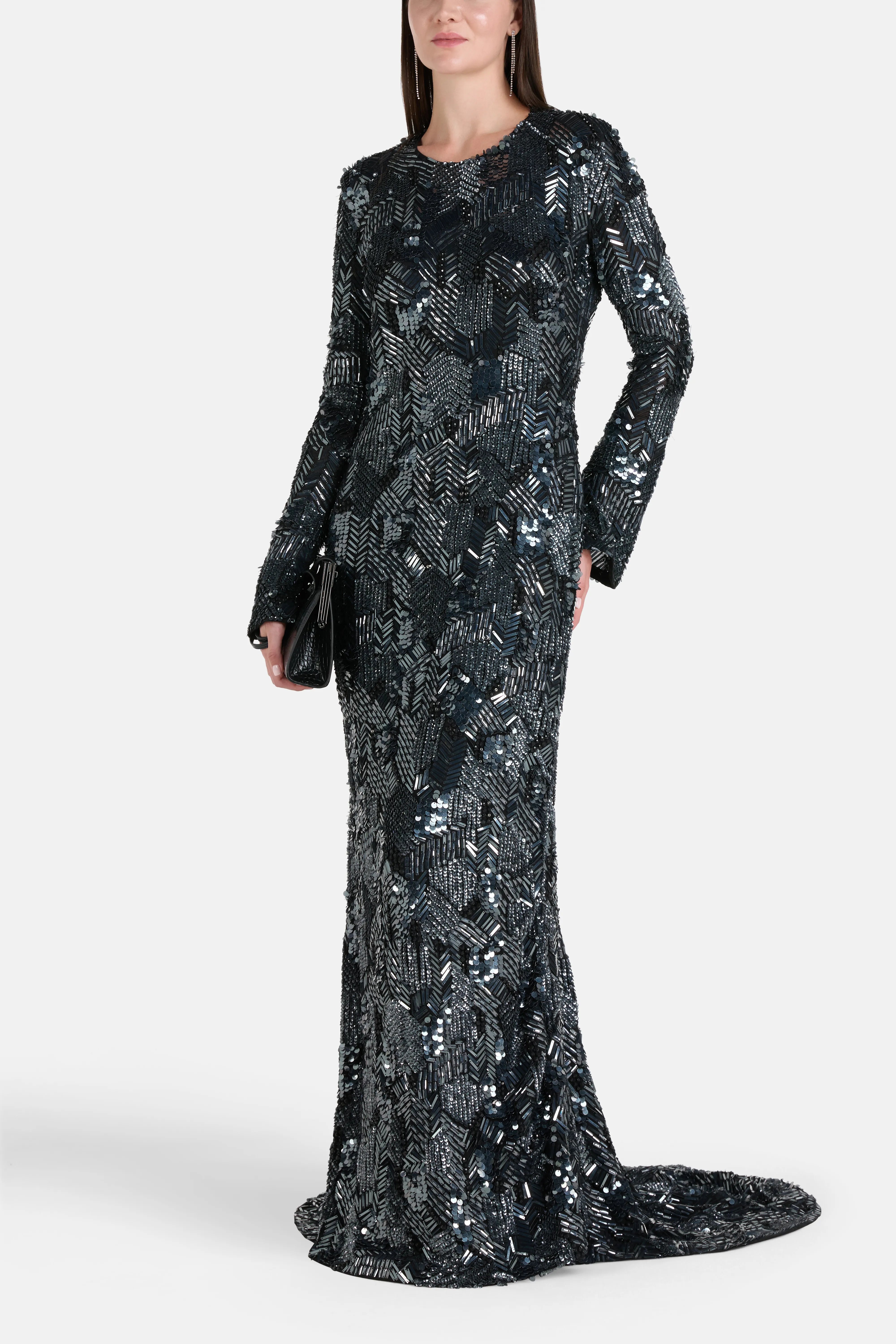 Long Sleeves Embellished Evening Dress with Train in Black