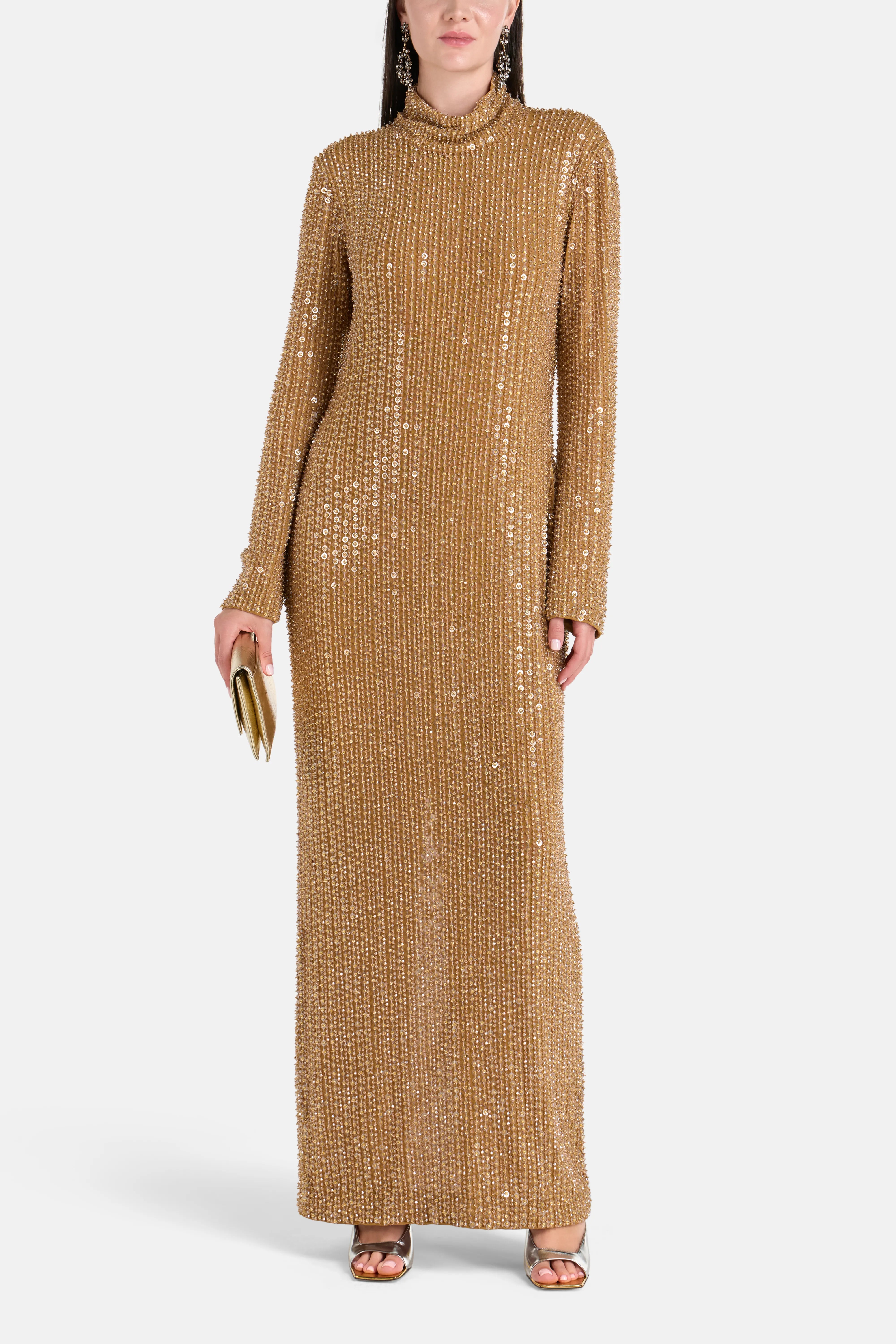 Long Sleeves Embellished Evening Dress in Gold