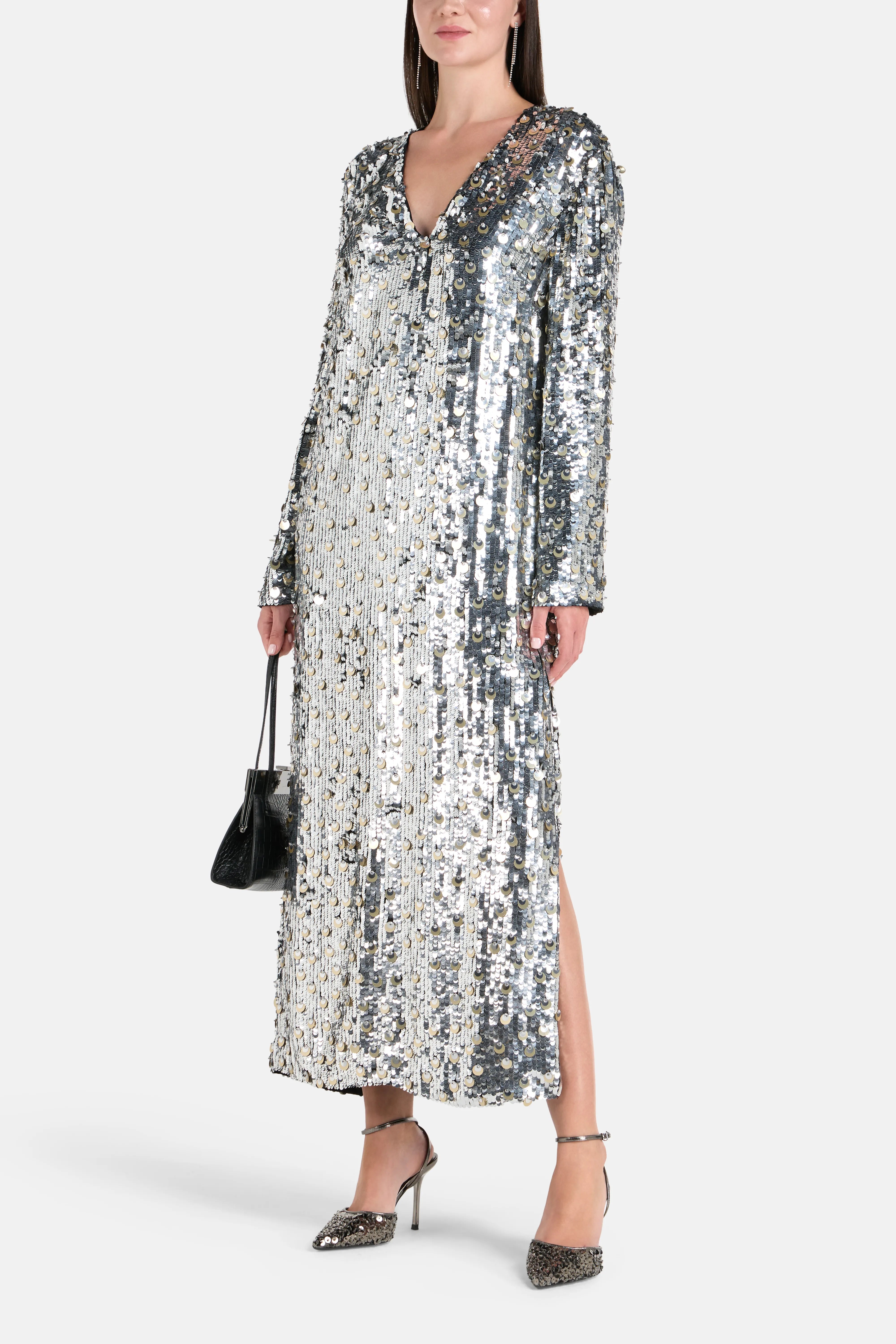 Long Sleeves V-Neck Embellished Kaftan in Silver