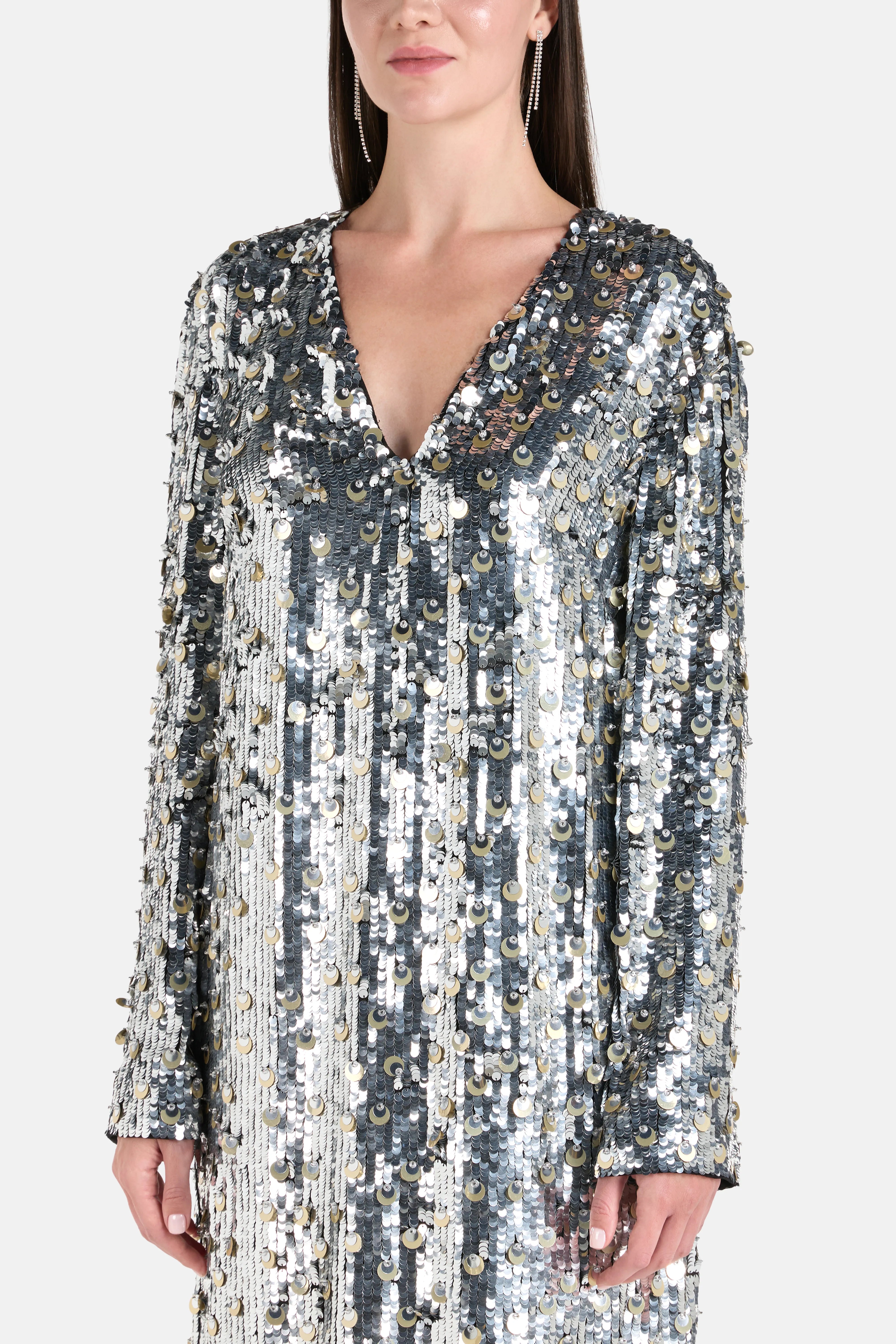 Long Sleeves V-Neck Embellished Kaftan in Silver