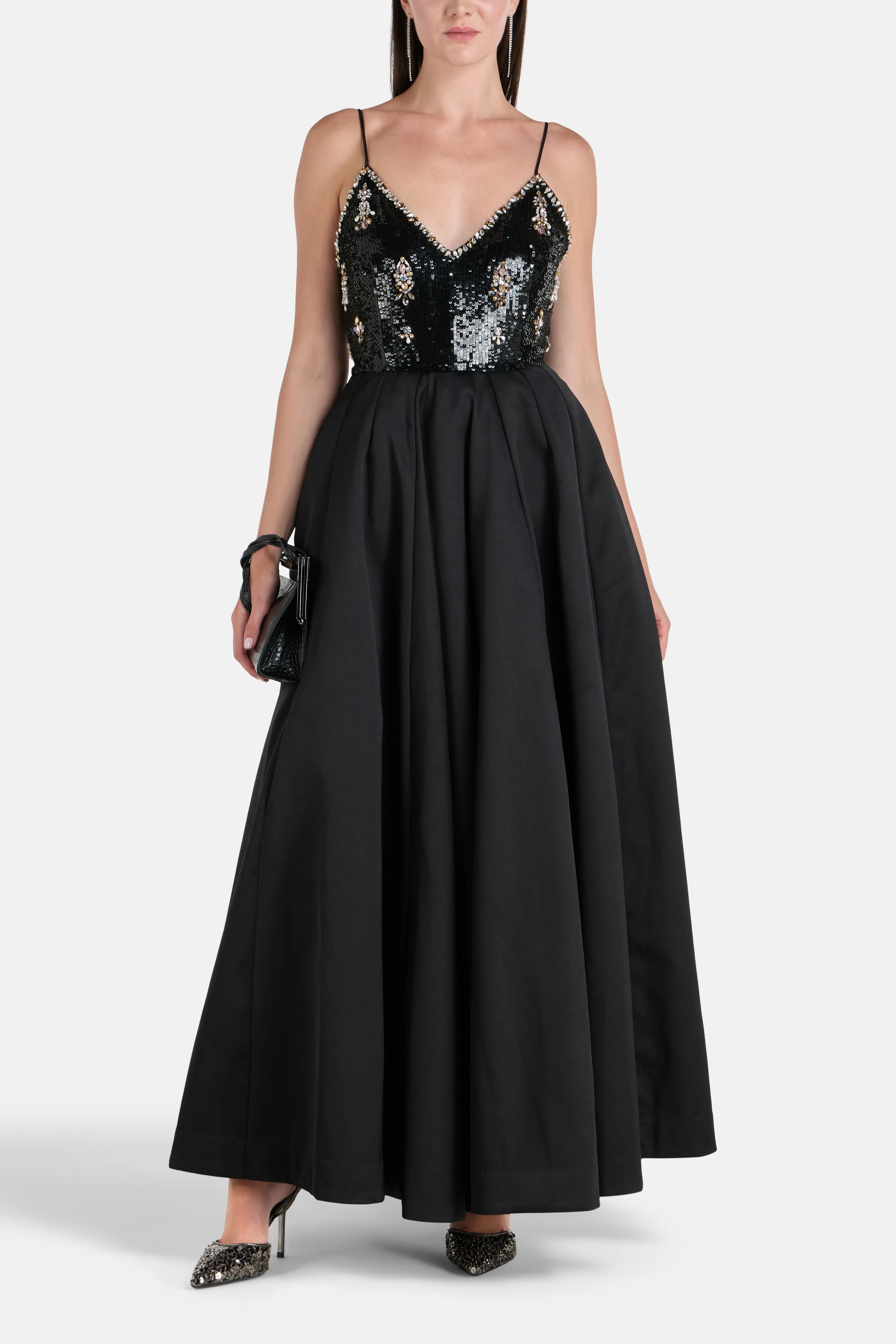 Sleeveless Embellished V-Neck Evening Dress in Black