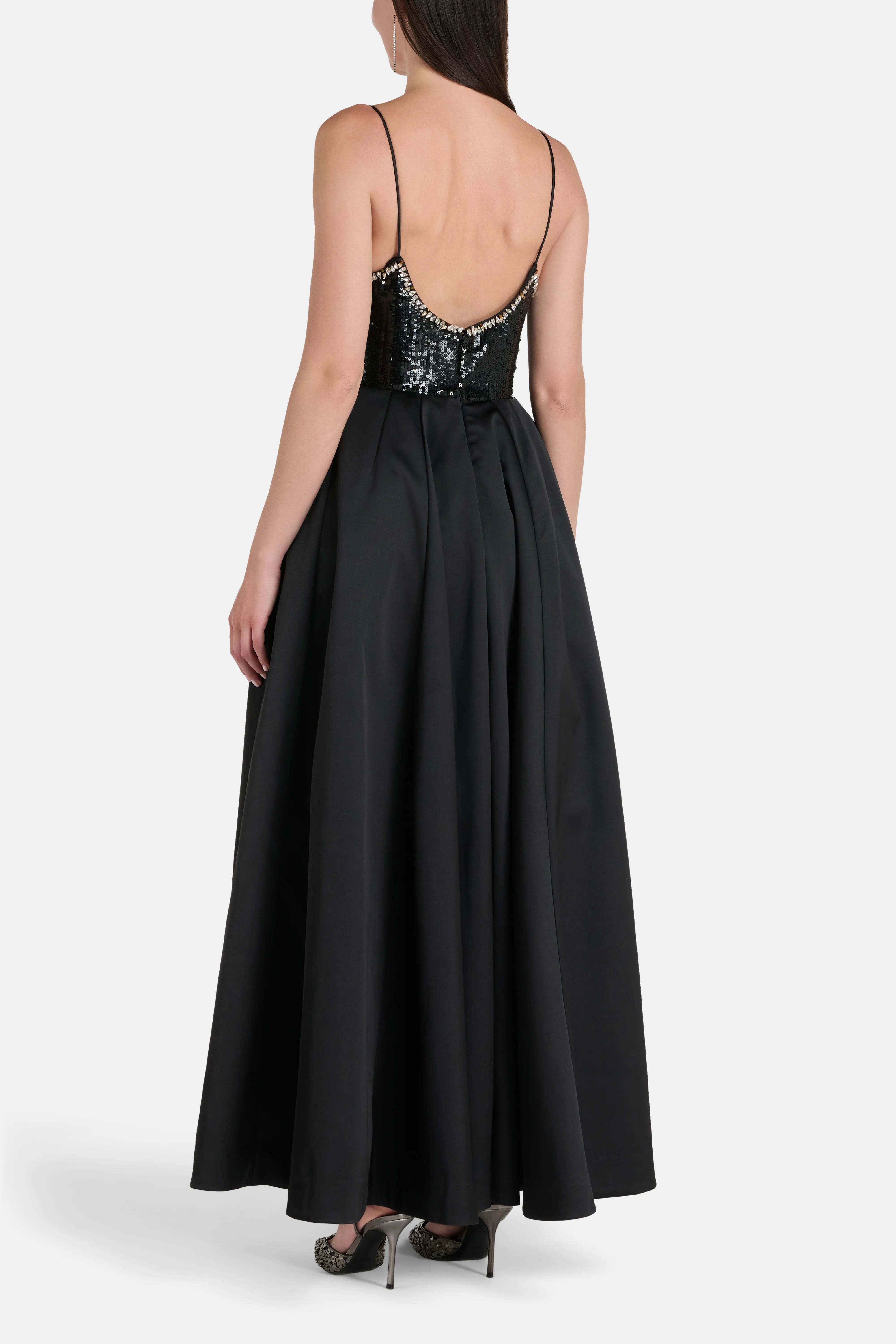 Sleeveless Embellished V-Neck Evening Dress in Black