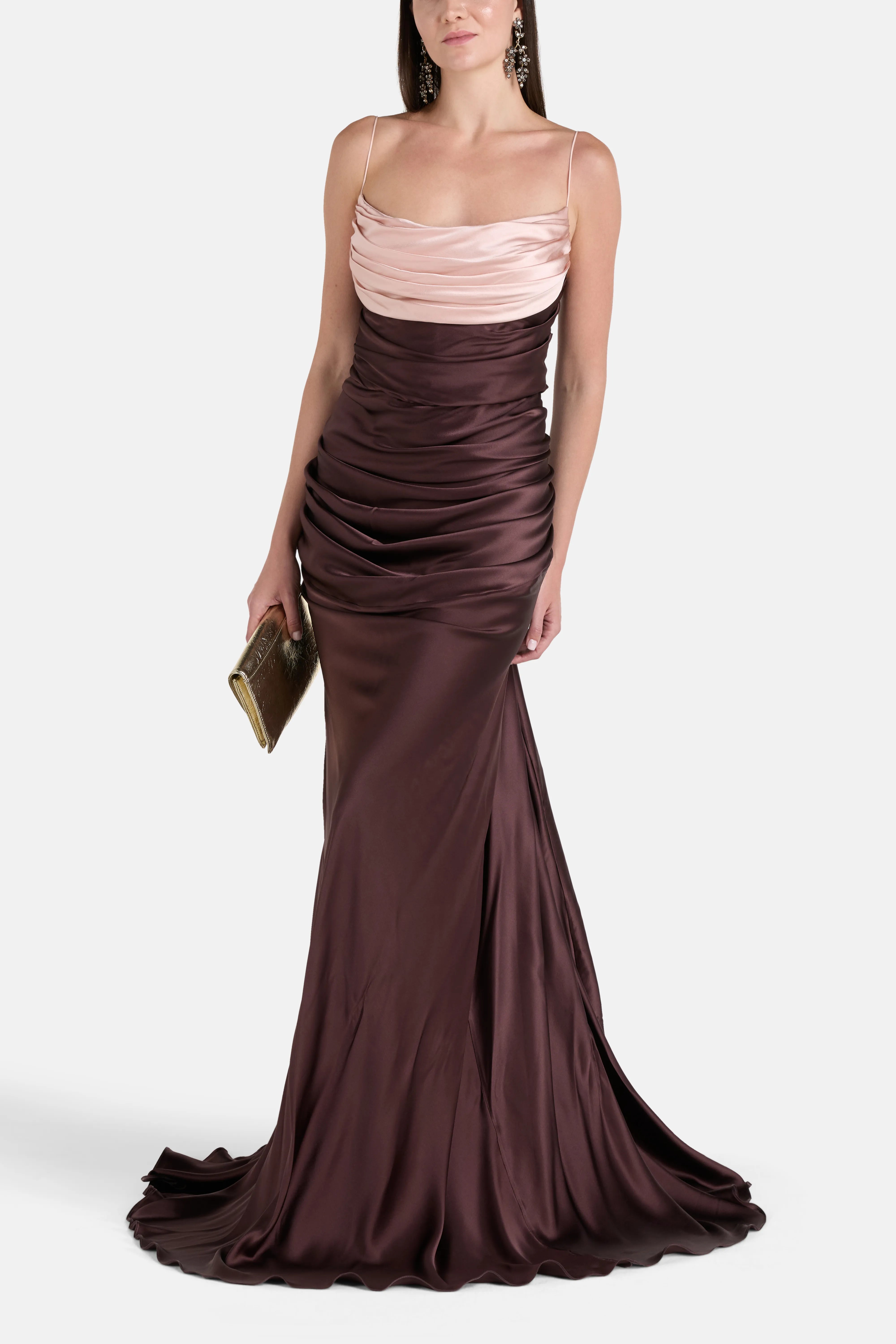 Zahra Silk Sleeveless Evening Dress in Brown and Pink