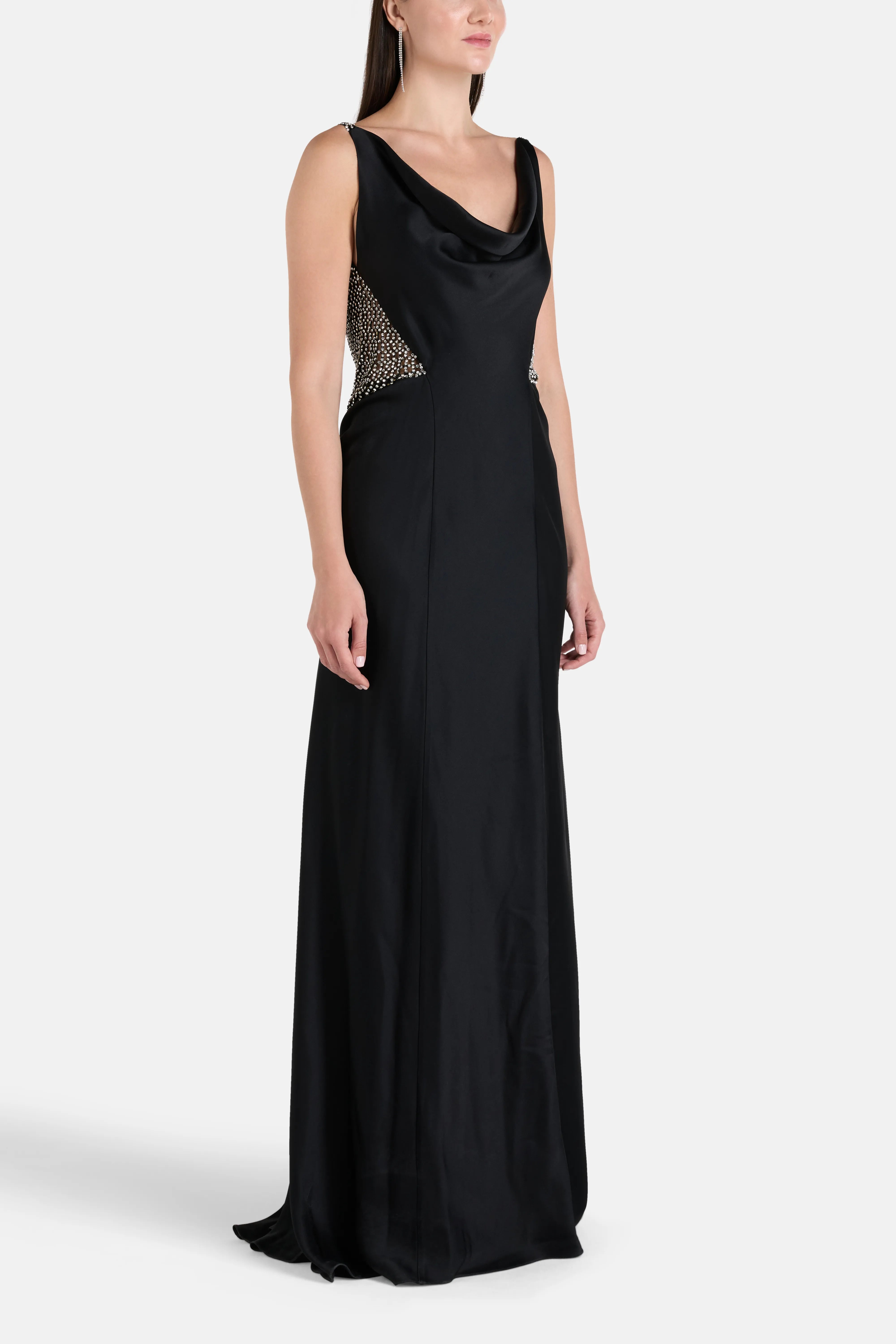 Elaris Cowl Neck Sleeveless Evening Dress in Black