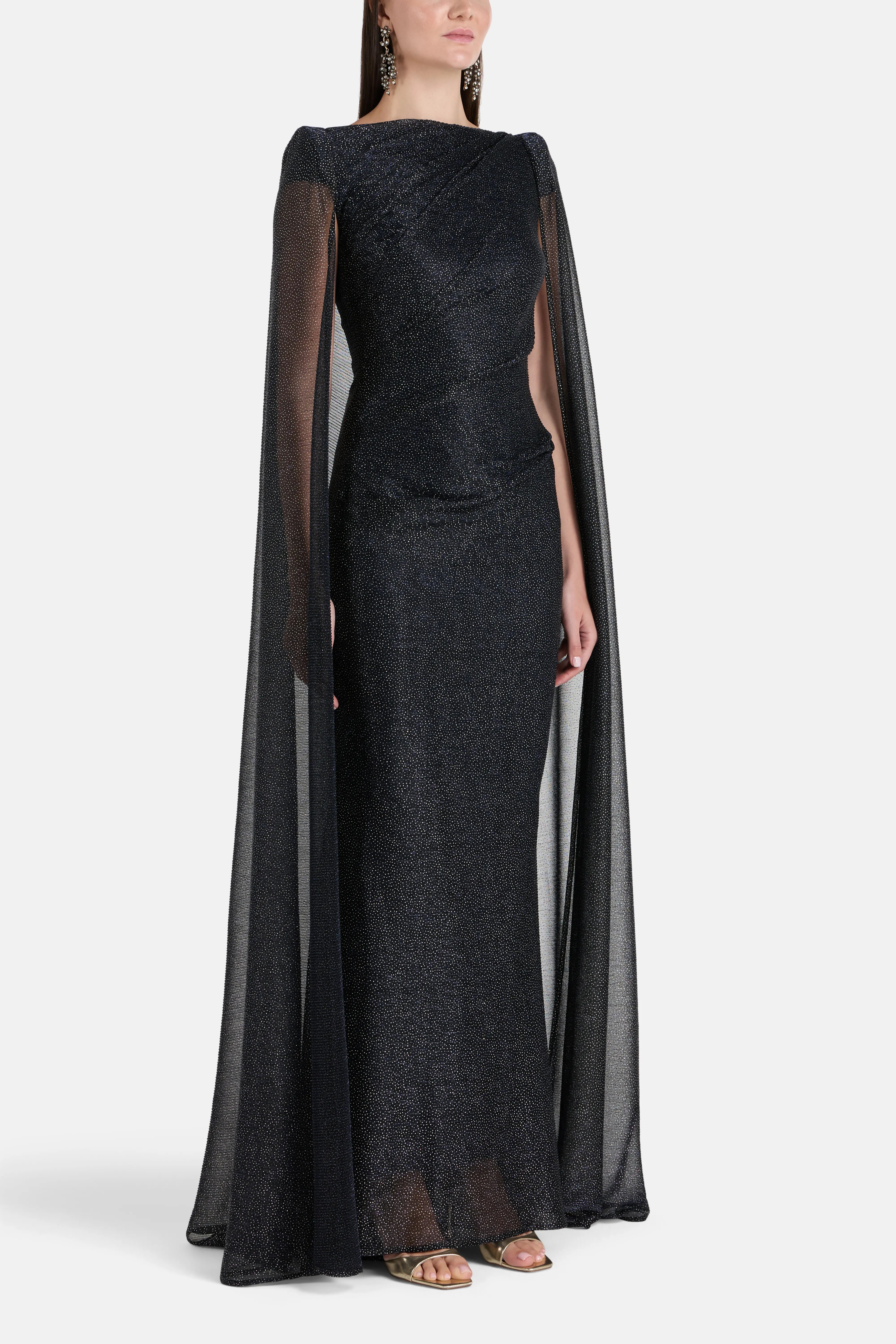Lucy In The Sky Shimmer Voile Cape Evening Gown in Blue