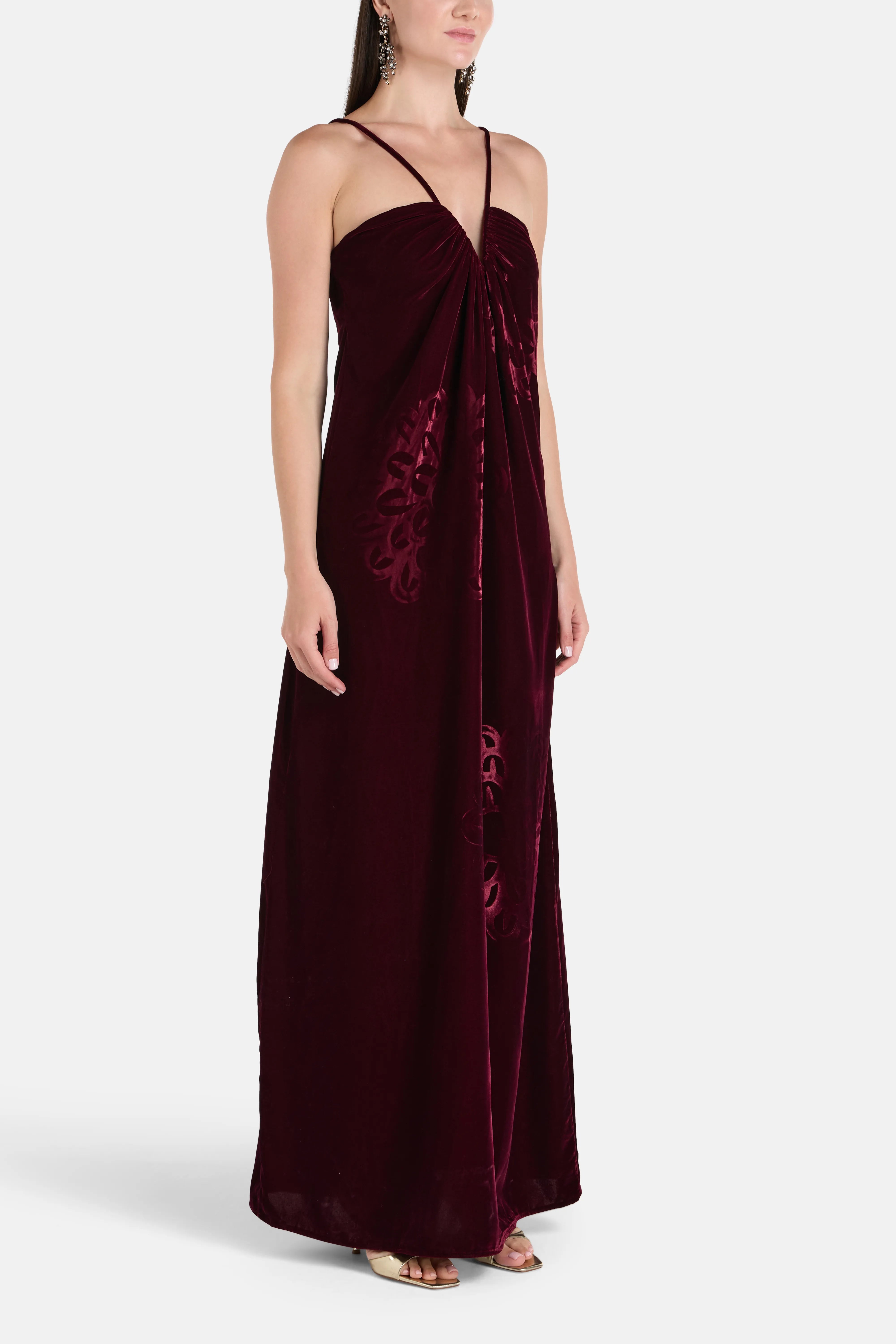 Anthos Spaghetti Straps Sleeveless Silk Velvet Maxi Dress in Burgundy