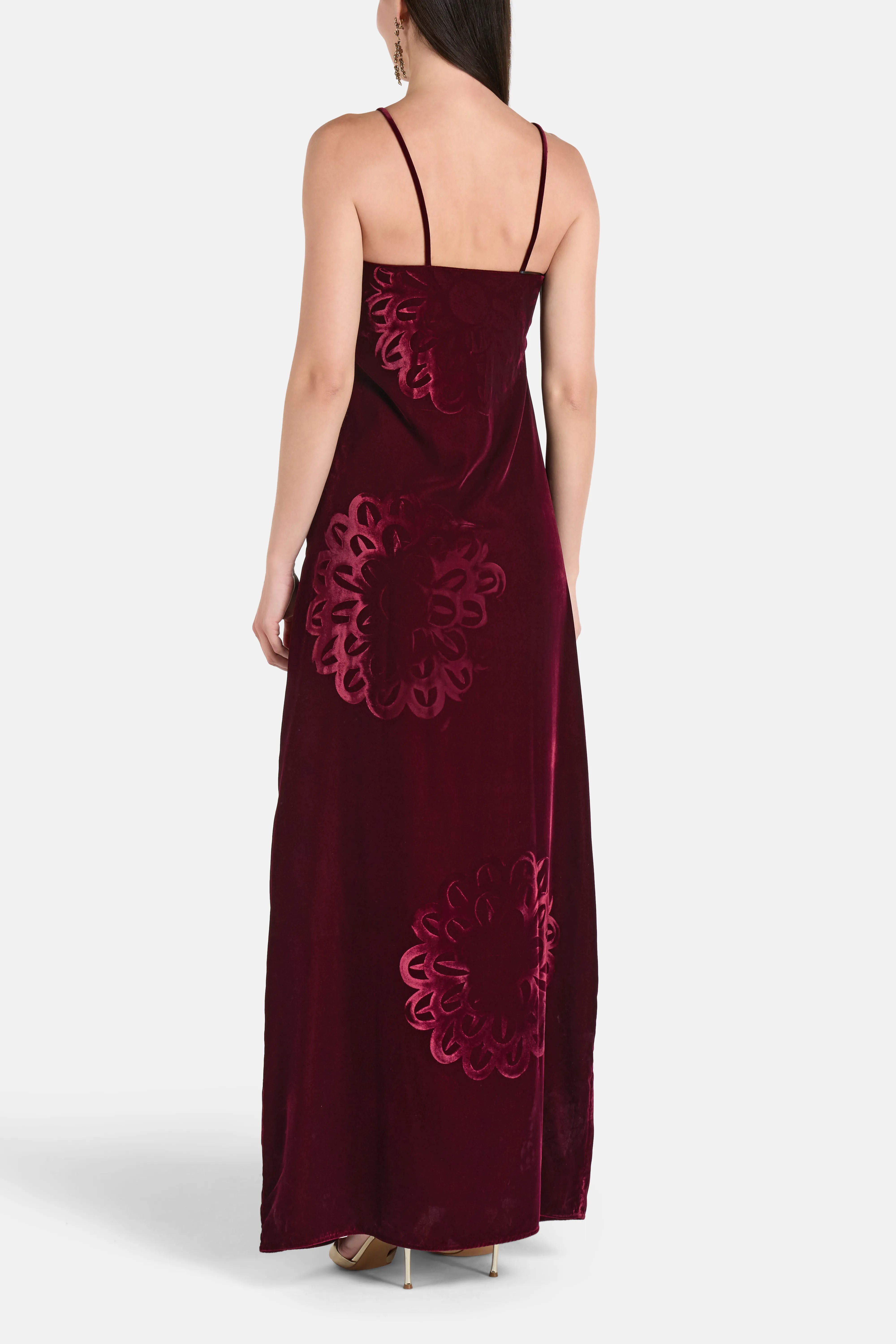 Anthos Spaghetti Straps Sleeveless Silk Velvet Maxi Dress in Burgundy