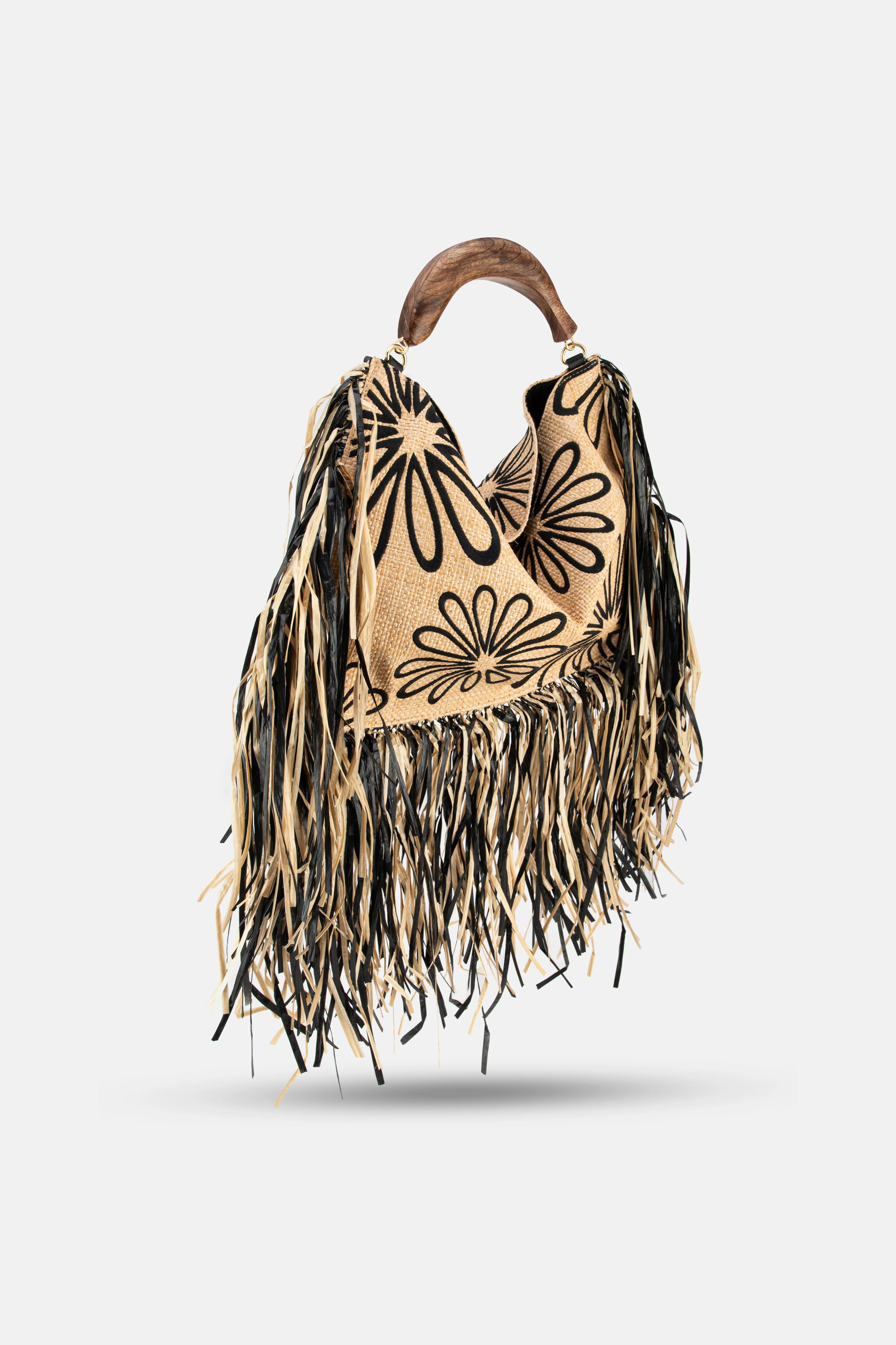 Fringed Raffia Top Handle Bag in Brown