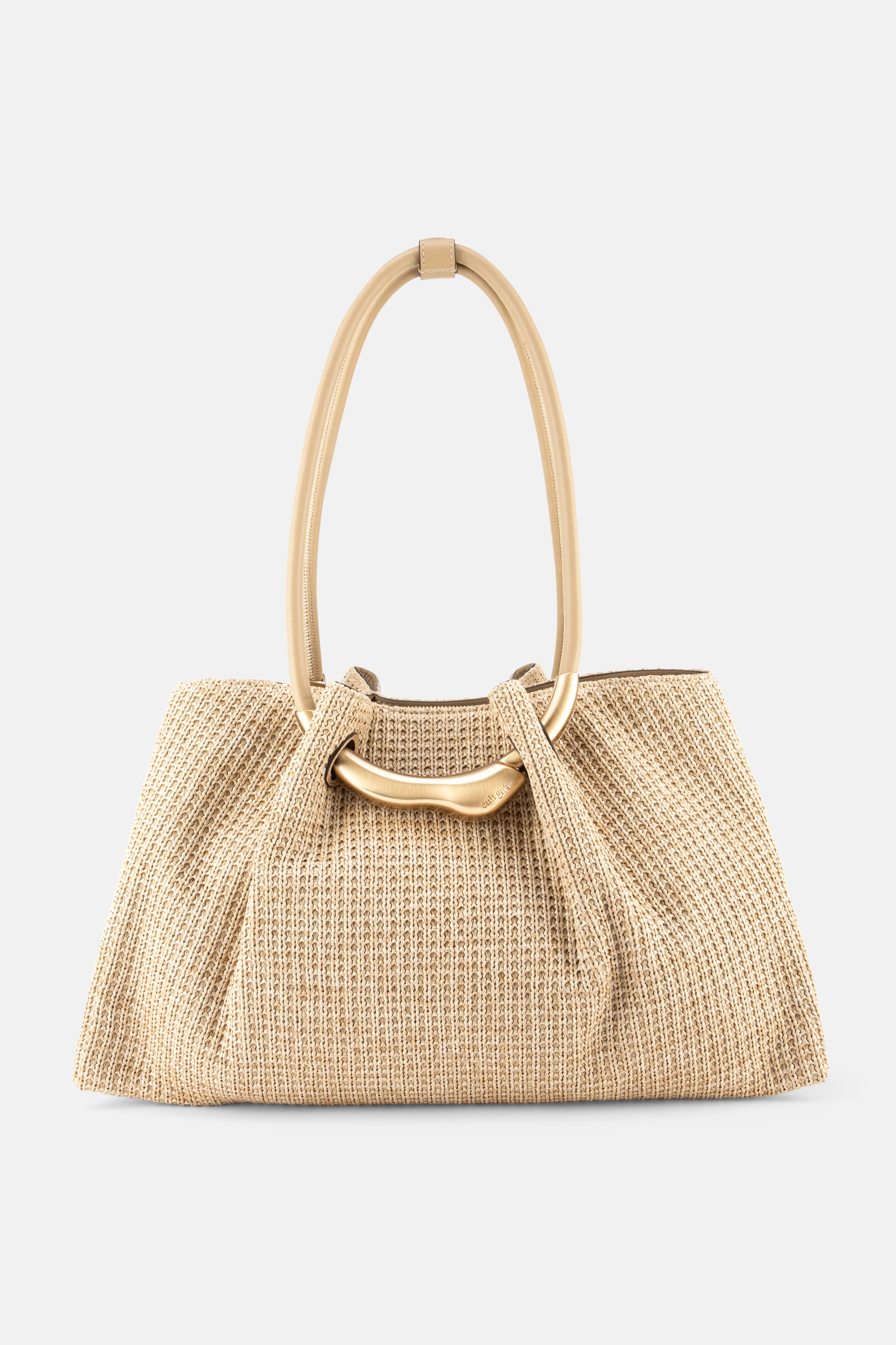 Asa Gold Hardware Satchel Clutch Bag in Beige