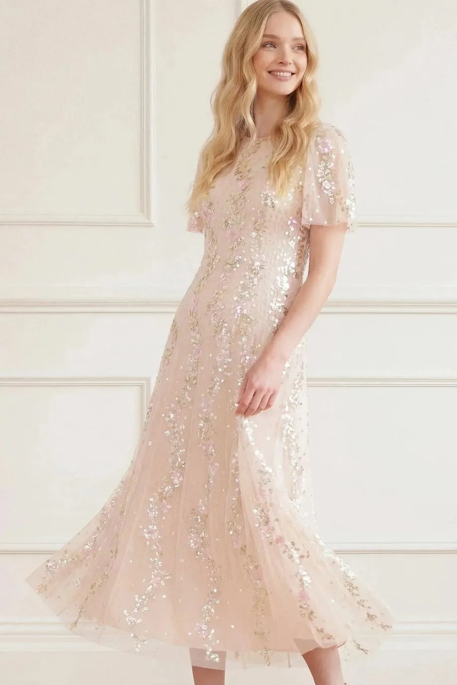 Confetti Sequins Evening Dress in Cream