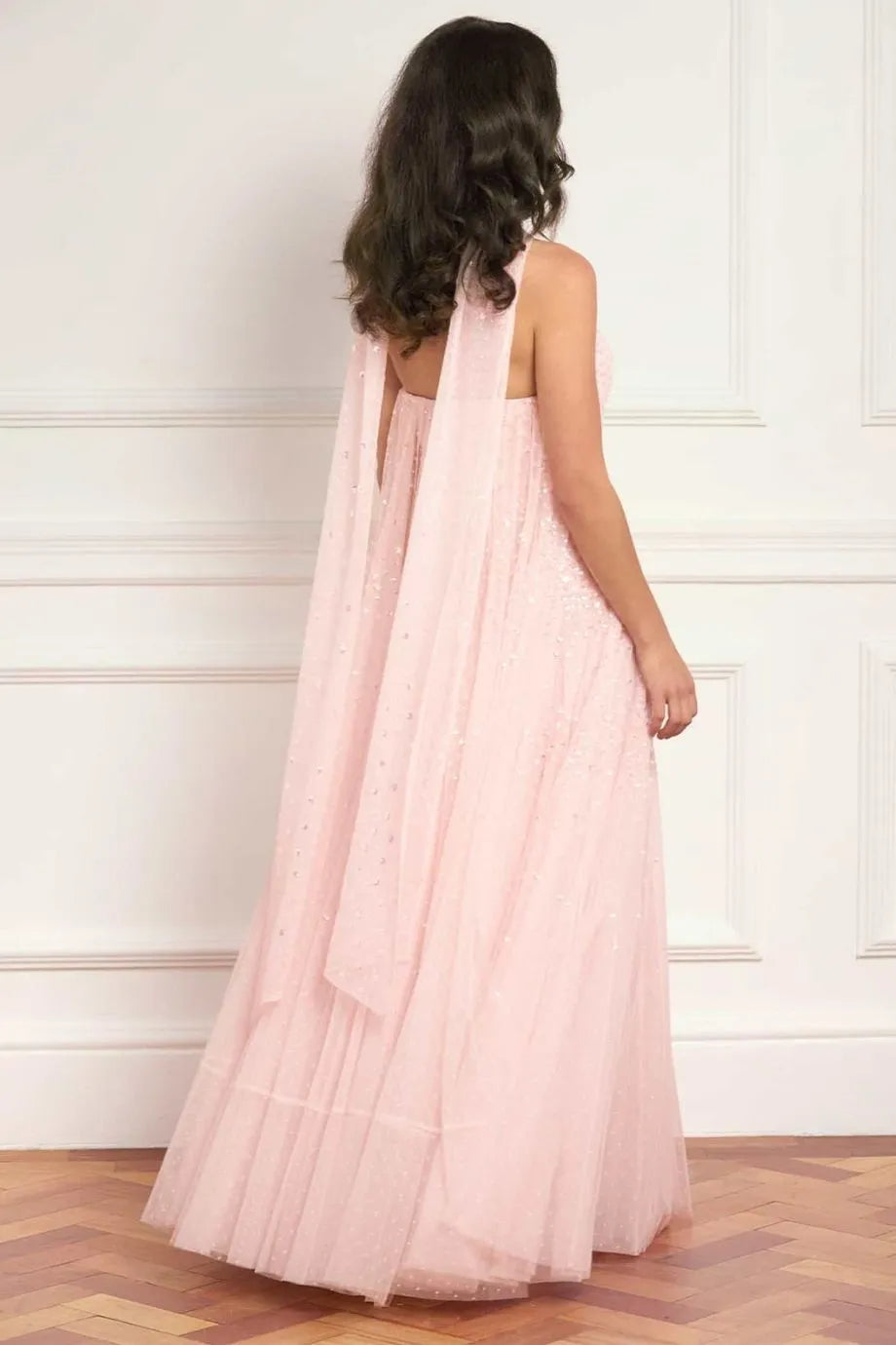Sunrise Sequins Strapless Evening Dress in Pink with Scarf
