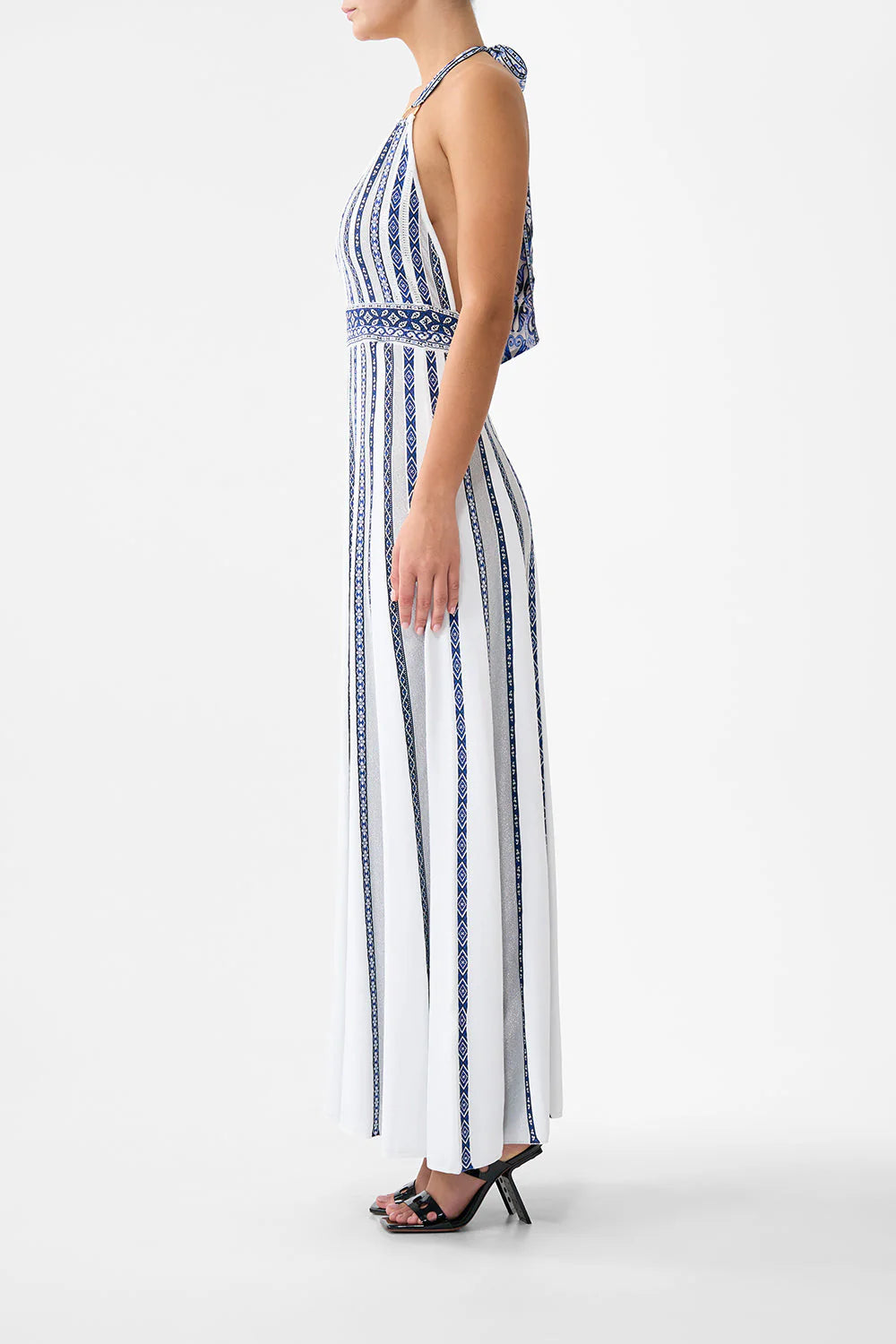 A Tiled Wonderland Halter Neck Sleeveless Knit Maxi Dress in White