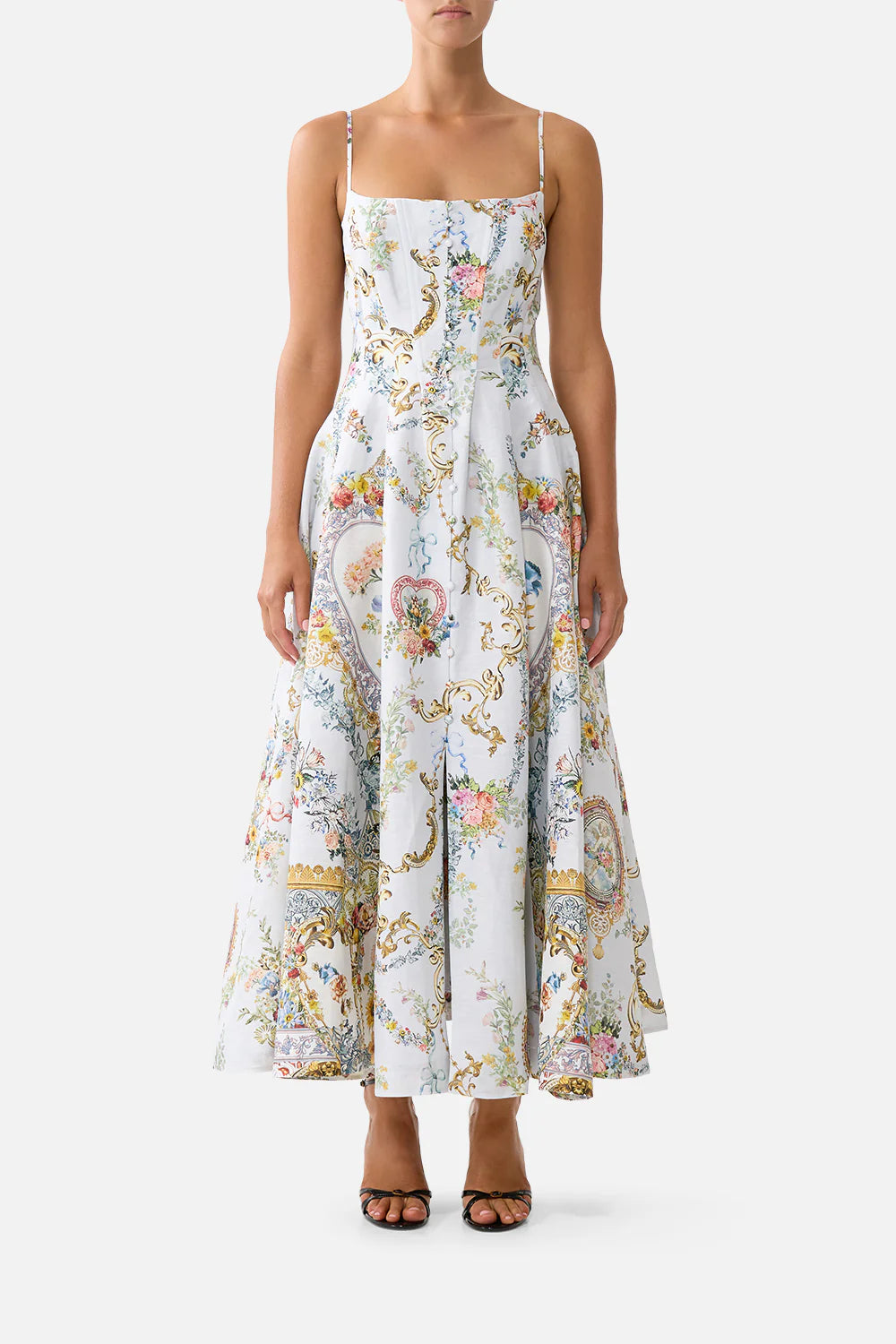 Seville Sweetheart Floral Sleeveless Linen Maxi Dress in White